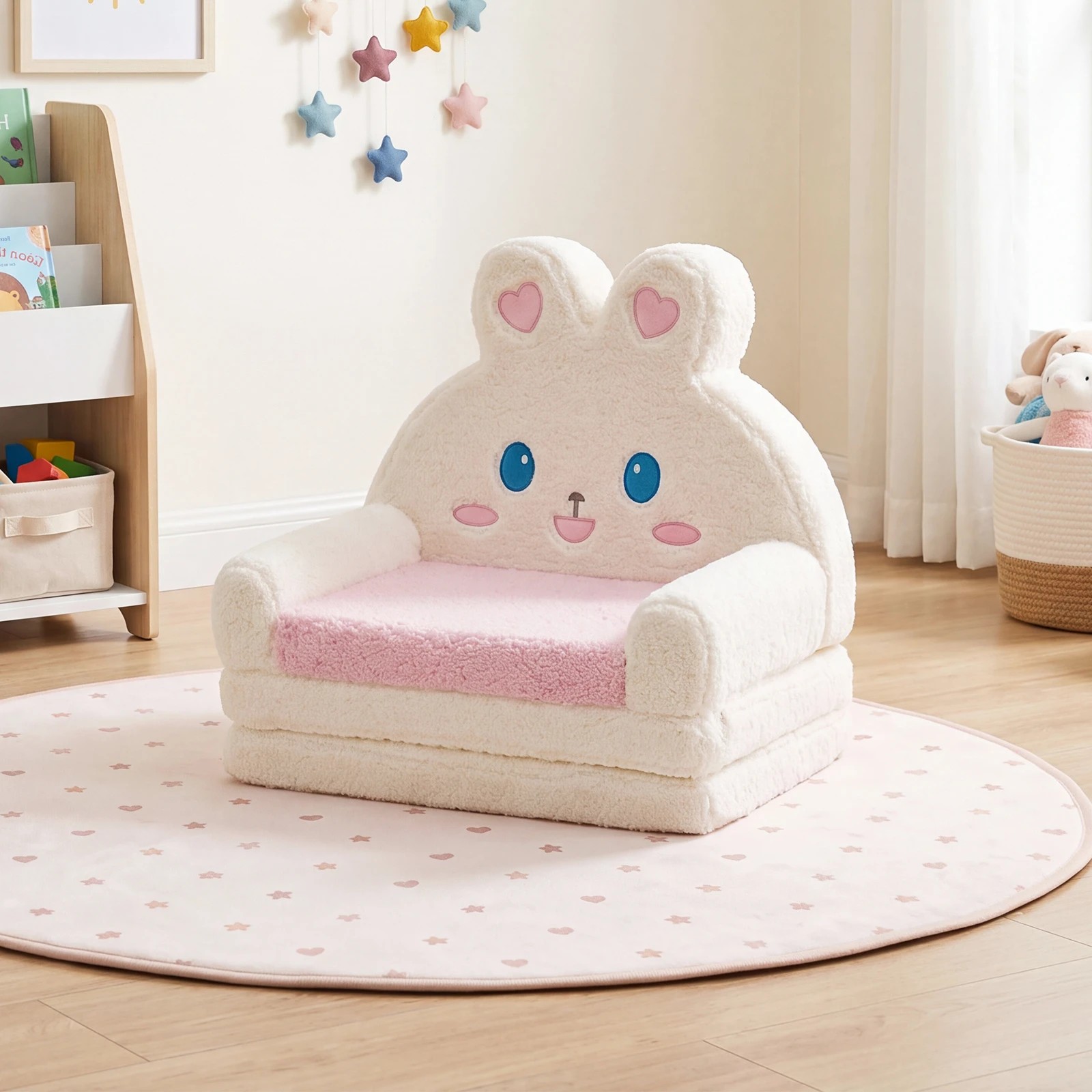 5 Costway Kids Sofa 2-in-1 Convertible Couch Lounger Foldable Chair w/Cover Bunny Pattern - Pink, 5 of 5