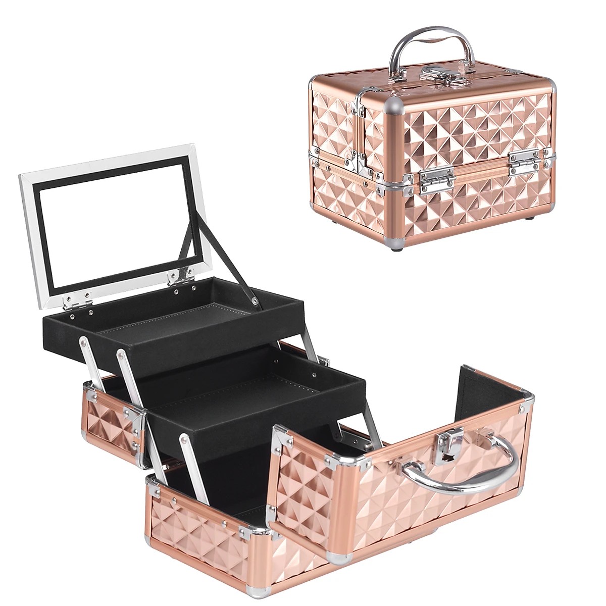 1 Costway Portable Cosmetic Makeup Case Beauty Organiser w/Mirror - Gold, 1 of 1