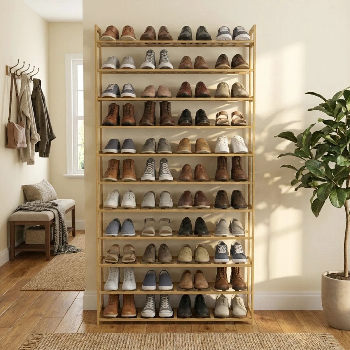 4 AUSWAY Bamboo Shoe Rack Cabinet Storage 11 Tier Shelves Footwear Organiser, 4 of 6
