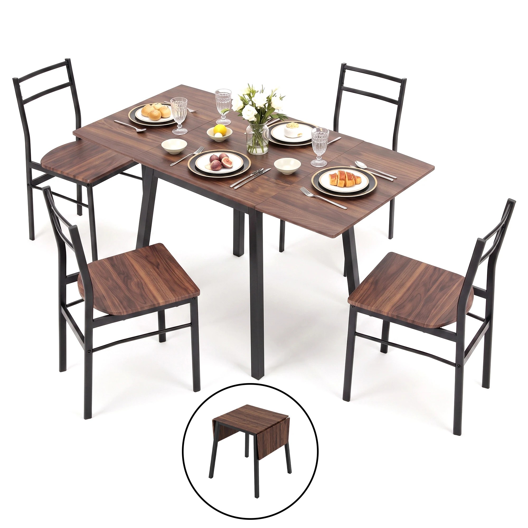 1 Artiss Dining Table and Chairs Set 5pcs with Extendable 60-120cm Drop-Leaf Table - Multi, 1 of 9