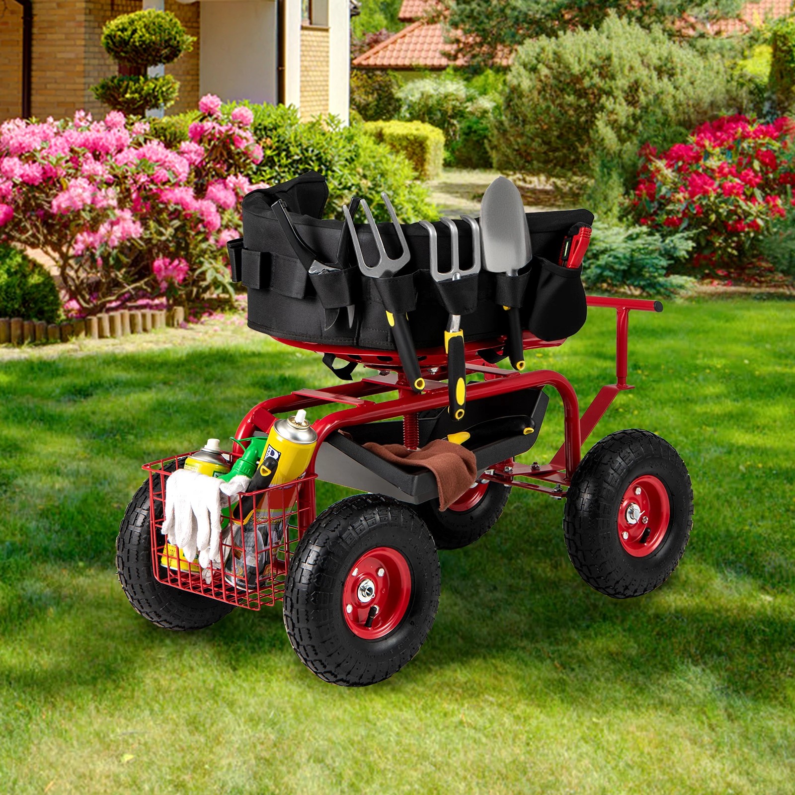 2 Costway Garden Cart Mobile Garden Workseat w/Wheels & Tool Tray Wagon Scooter 2 Steering Handles - Red, 2 of 3