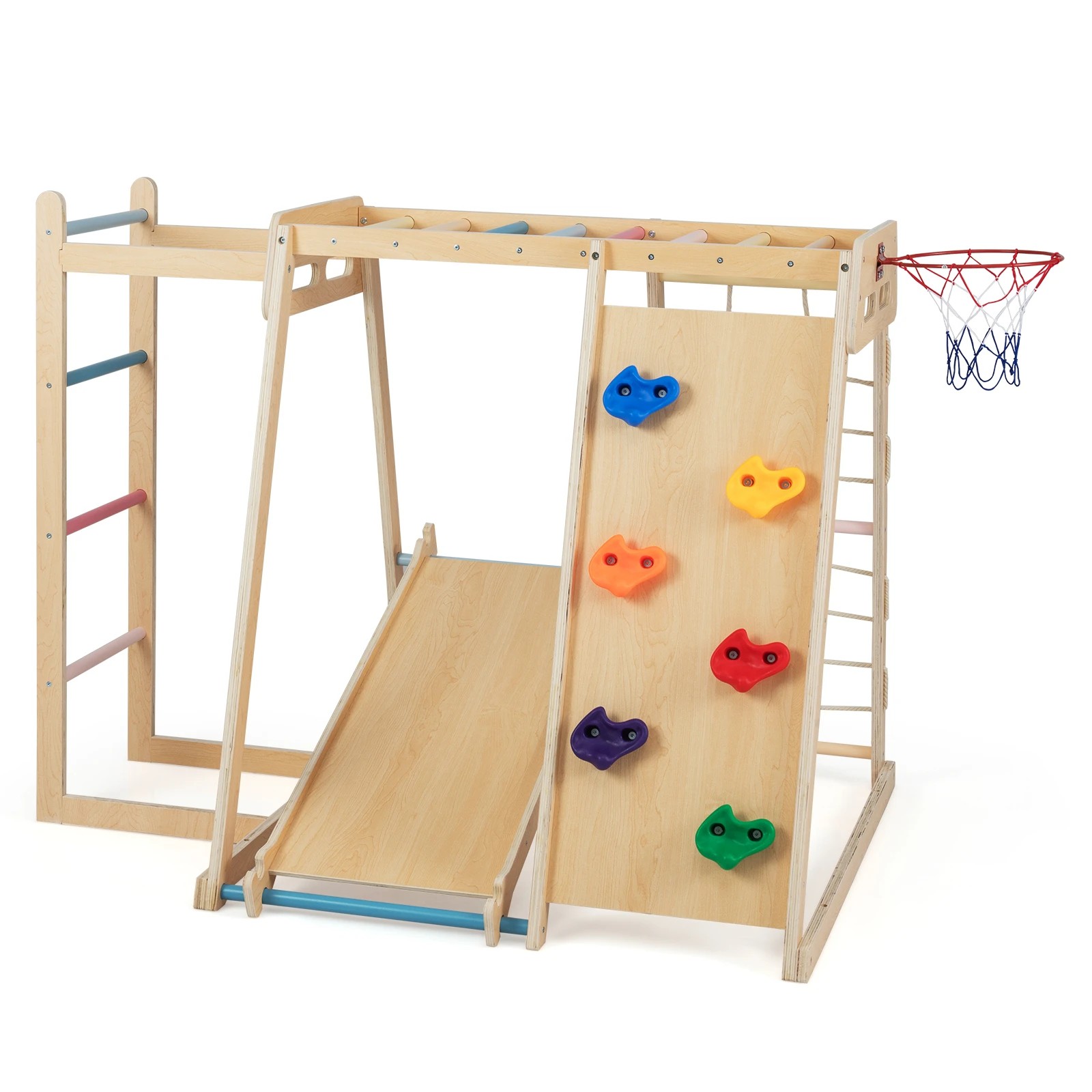 1 Costway Climb Playset 6in1 Jungle Gym Wood Swing Slide - Natural, 1 of 1