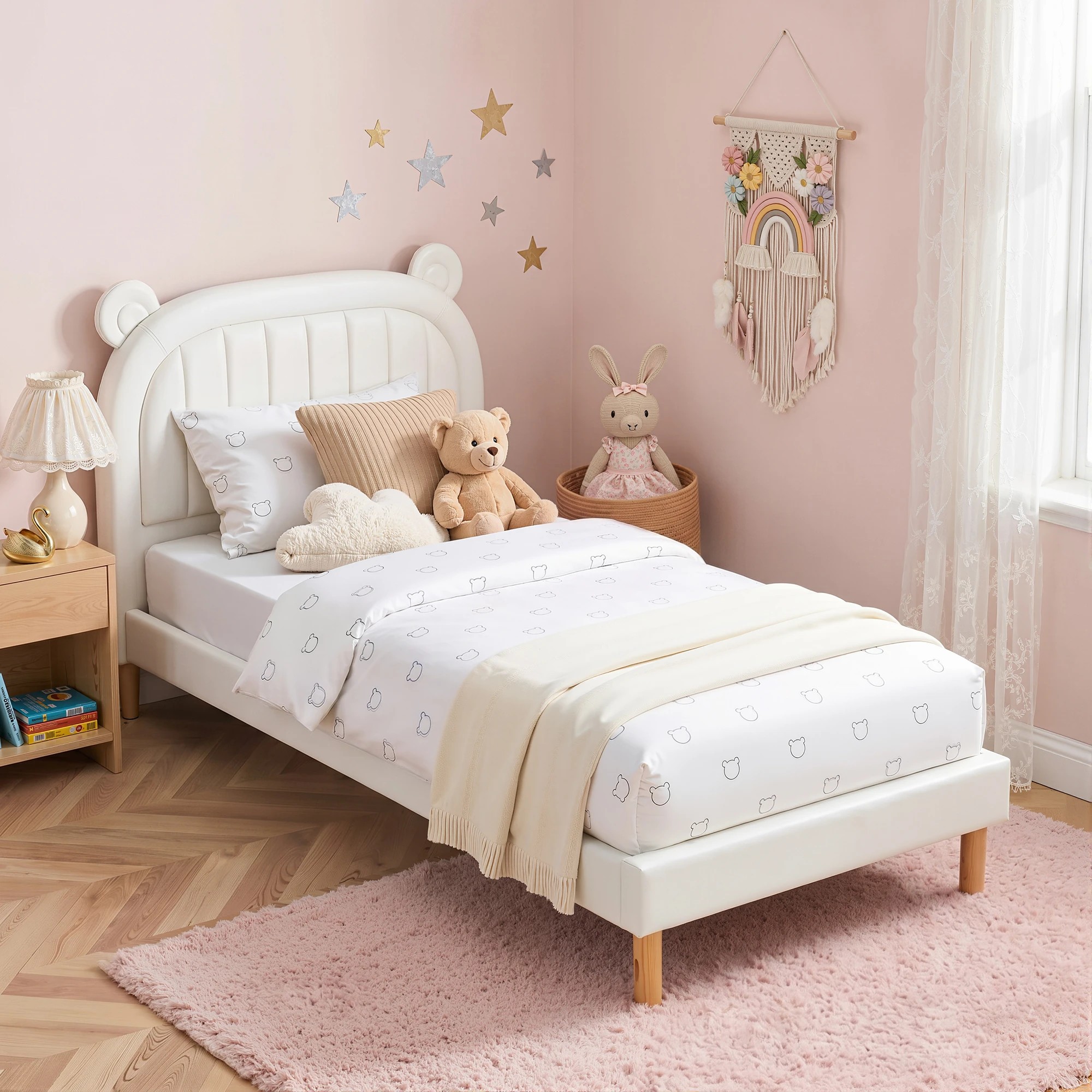 8 Artiss Kids King Single Bed Frame Bear Ears Headboard Upholstered Leather Platform Bed for Child - White, 8 of 8
