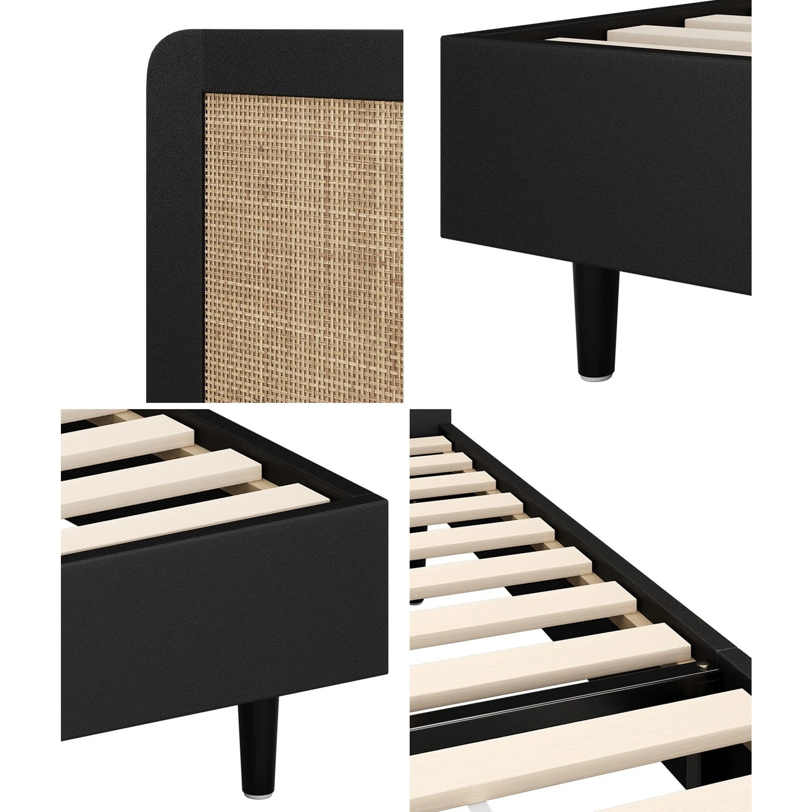 6 Oikiture Bed Frame Single Size Beds Real Rattan Headboard - Black, 6 of 10