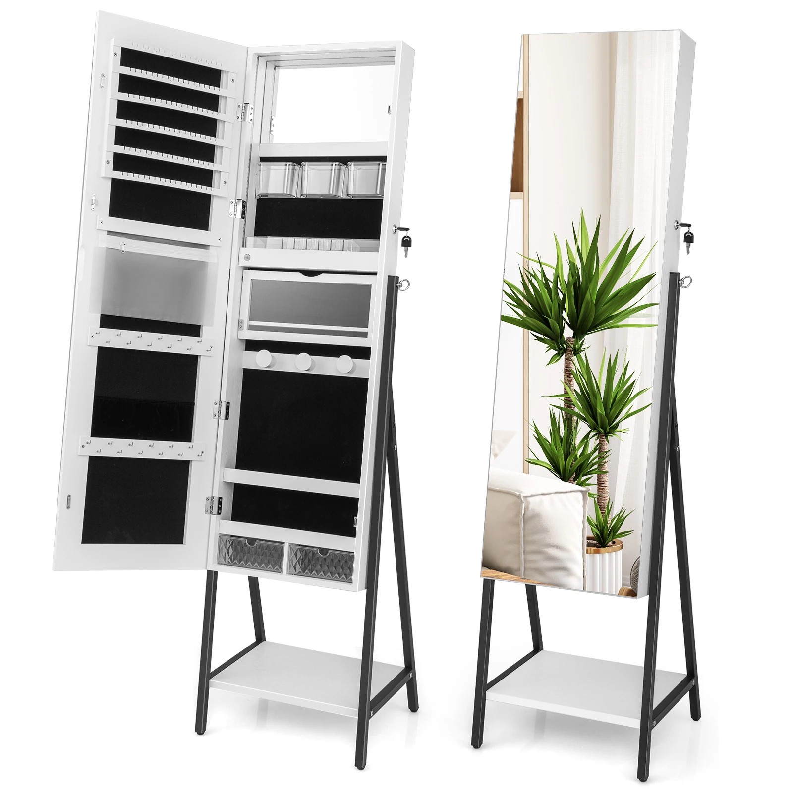1 Costway Mirror Jewellery Cabinet Floor Jewelry Armoire Organizer w/3-Color LED Lights - White, 1 of 5