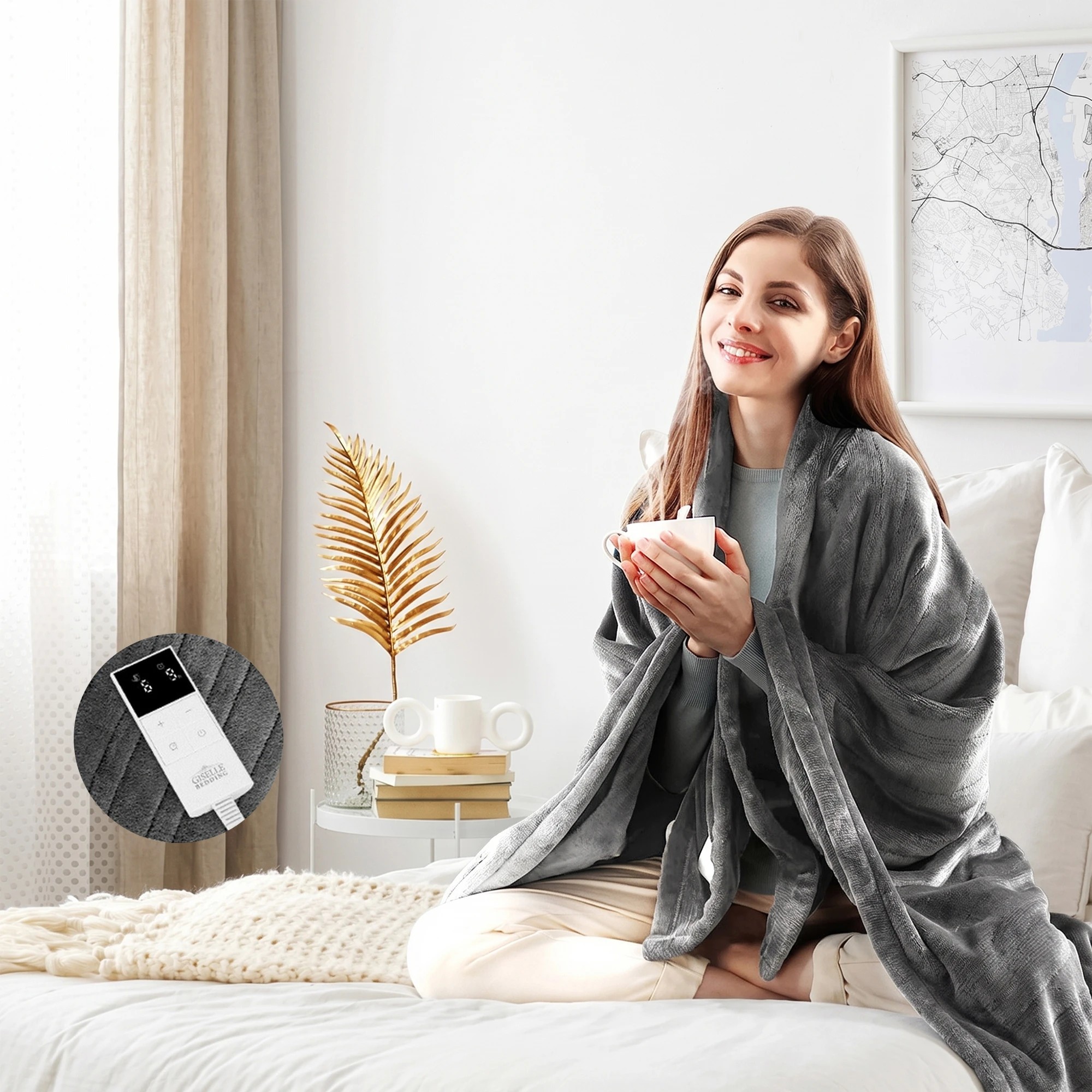 4 Giselle Bedding Electric Throw Rug Heated Blanket Fleece - Silver, 4 of 10