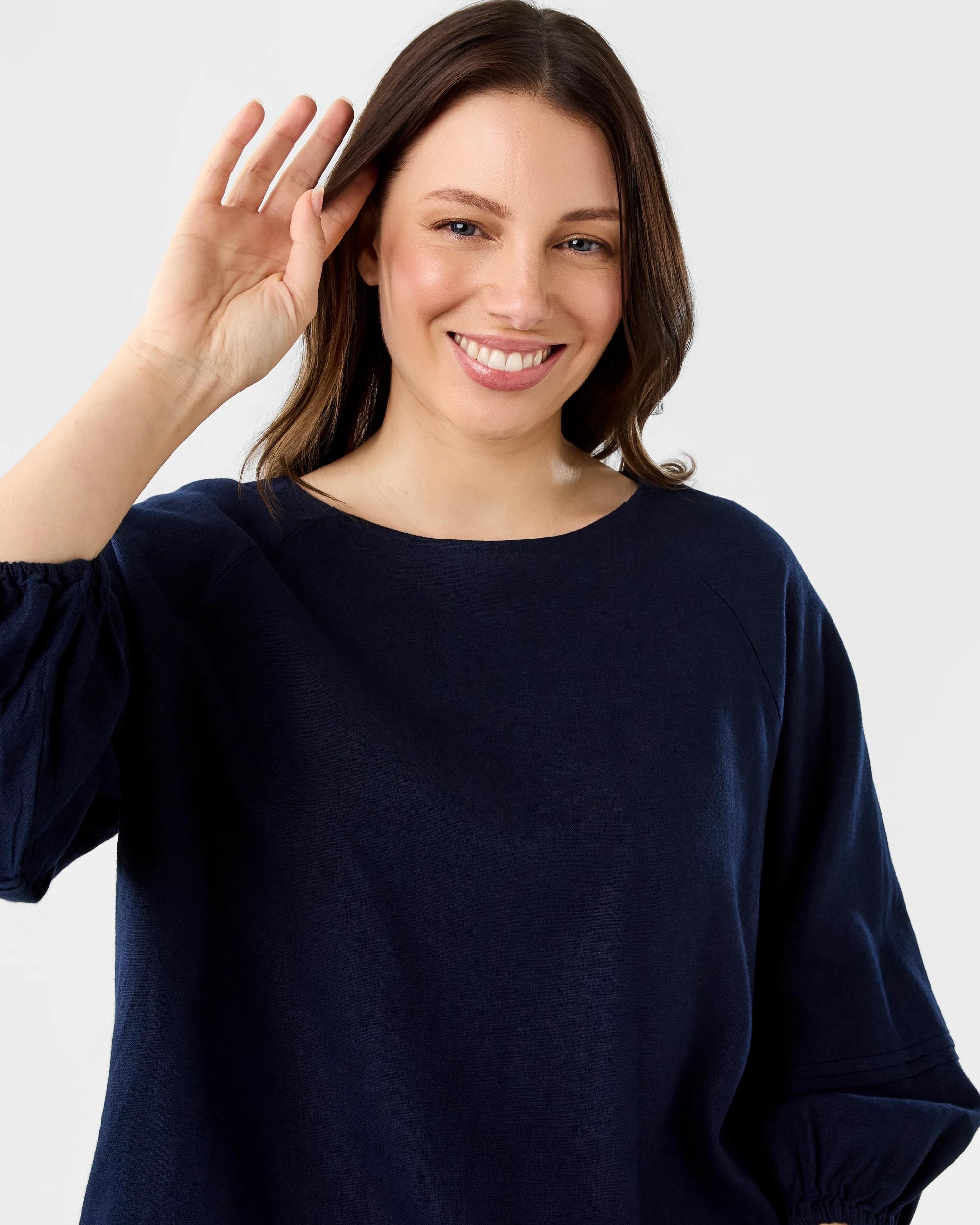 4 Long Sleeve Linen Blend Top Night Nvy, 4 of 6
