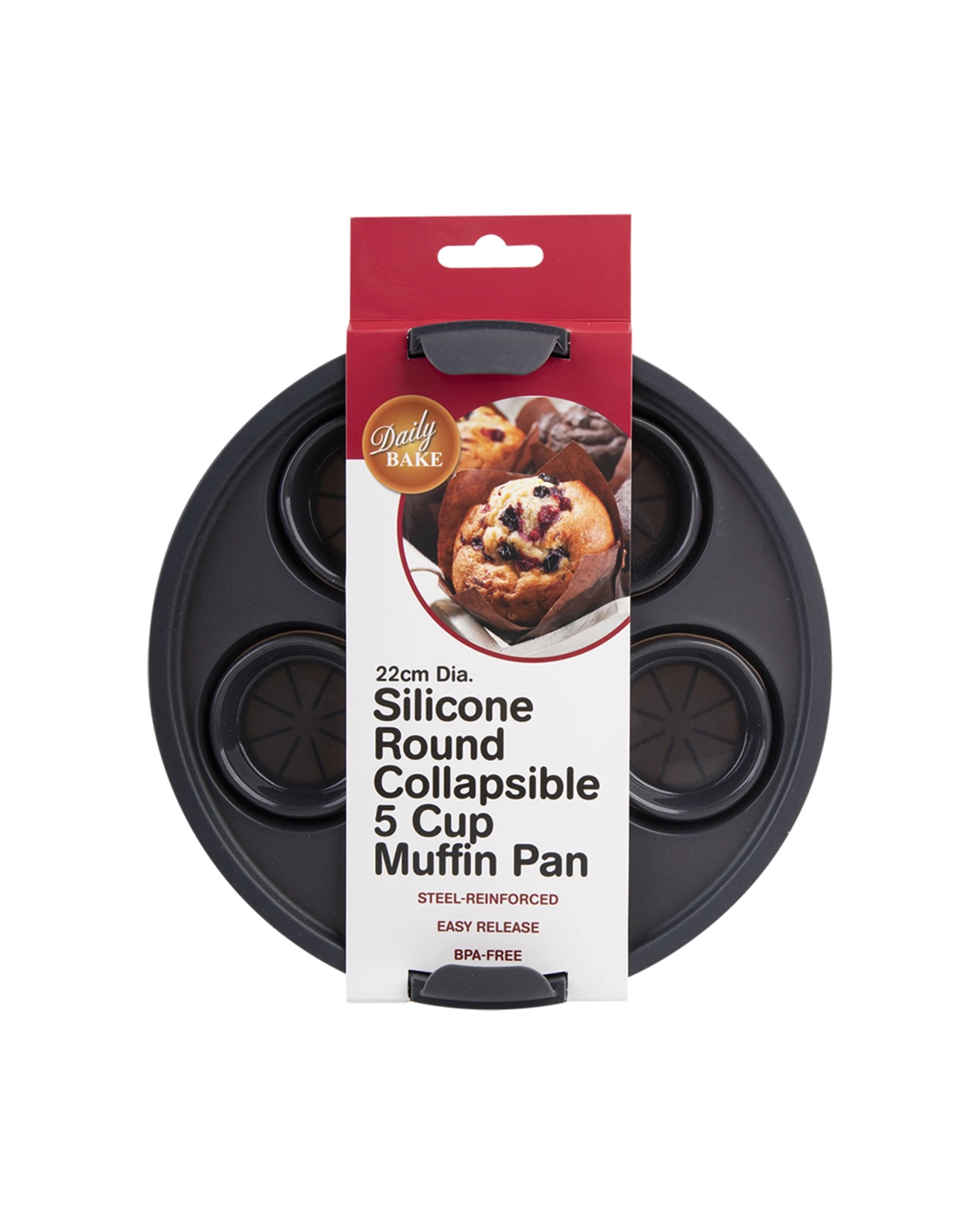 3 Daily Bake Collapsible 22cm Silicone 5-Cup Muffin Pan Round Non-Stick Oven - Grey, 3 of 6