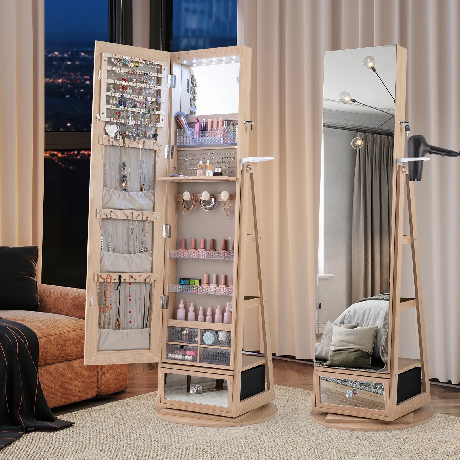 2 Costway 1.64M Swivel Jewellery Cabinet Mirror Lockable Armoire w/Hair Dryer Rack Storage Shelves - Natural, 2 of 4