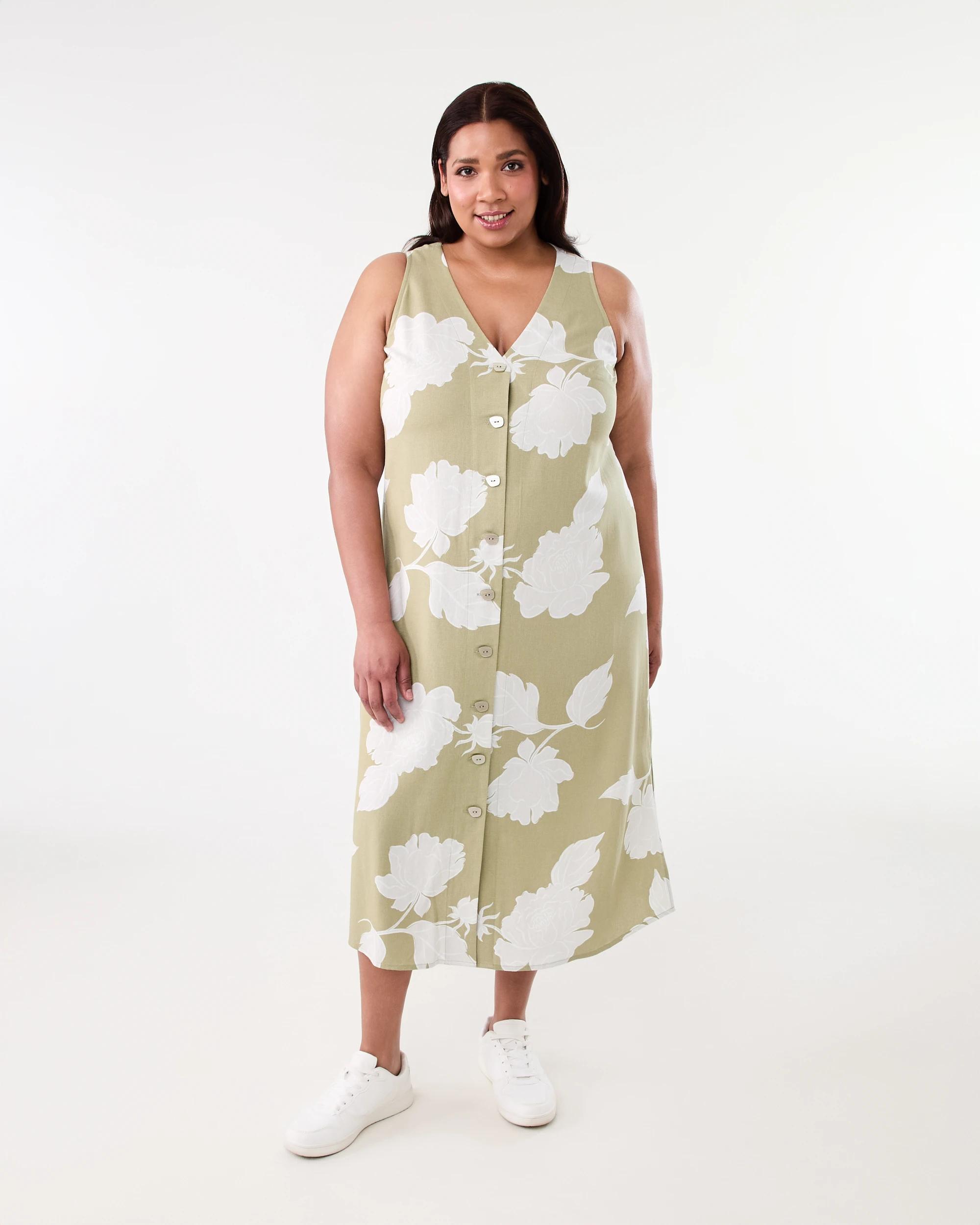 1 Curve Sleeveless Button Through Midi Dress Green Flrl, 1 of 6