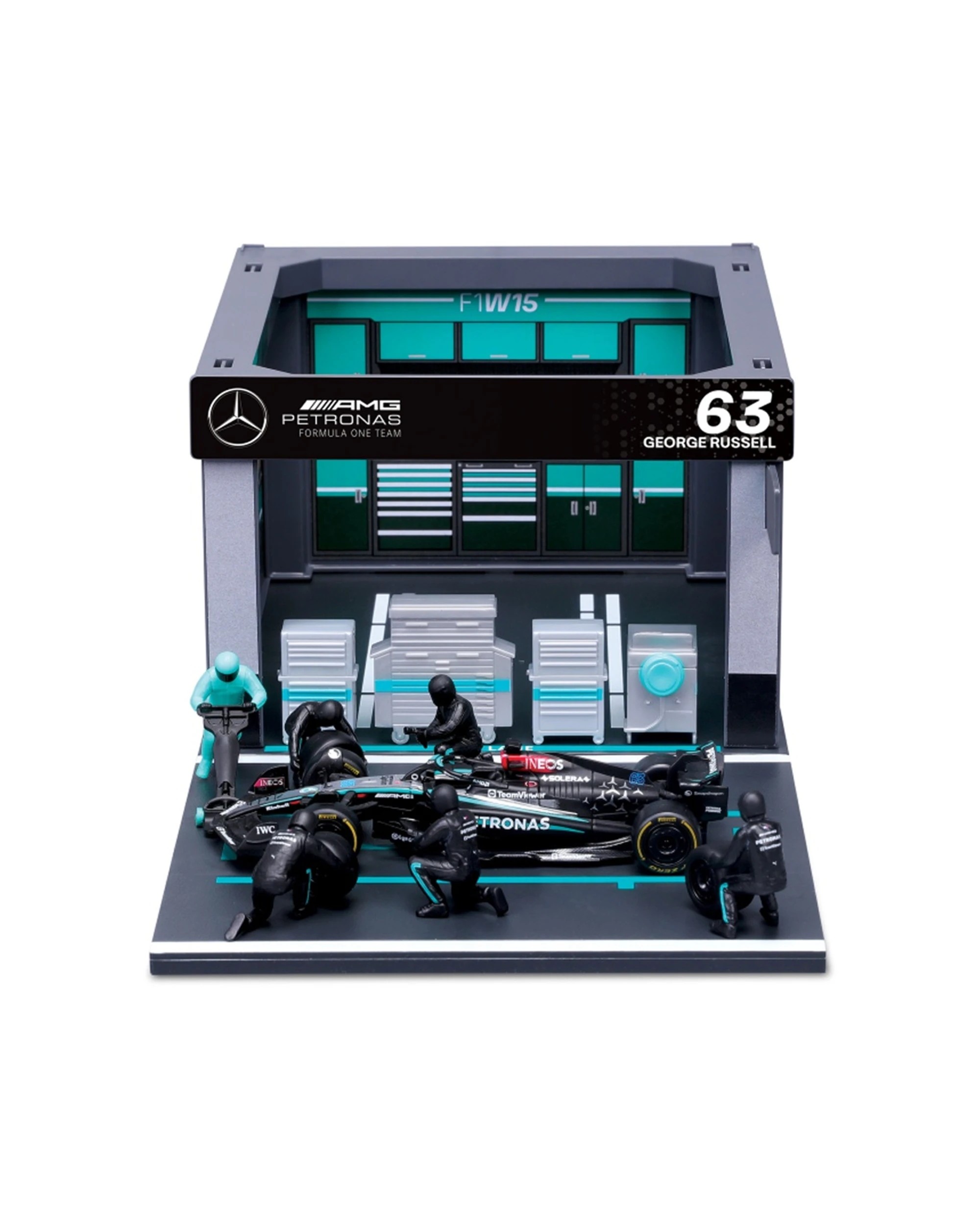 2 Bburago Mercedes AMG Pit Pass Competition F1 Car 2024 Russell 63 Model - Silver, 2 of 4