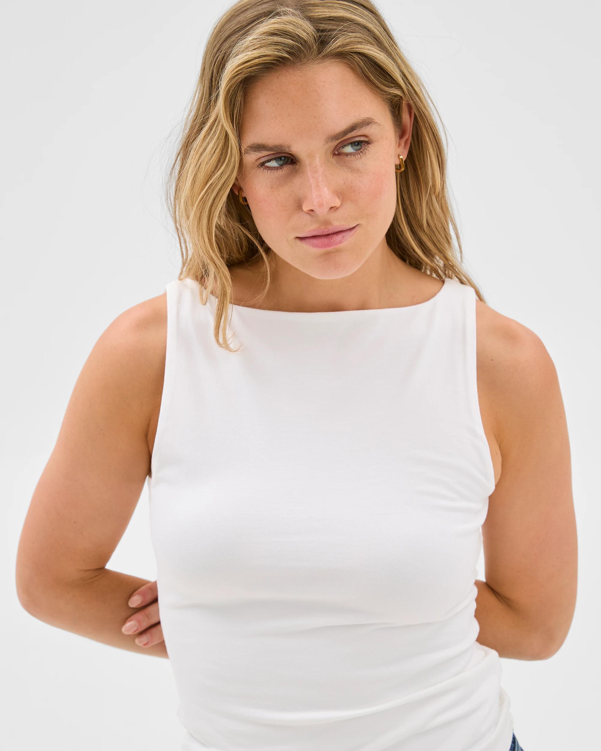 4 Australian Cotton Double Layer Boat Neck Tank Top - Lily Loves WHITE, 4 of 5