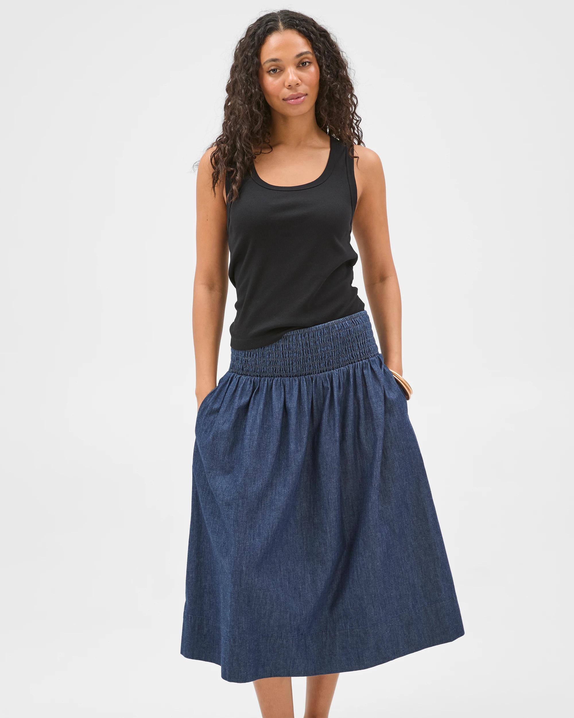 2 Target Woman Cotton Shirred Midi Chambray Skirt DARK CHAMBRAY, 2 of 6