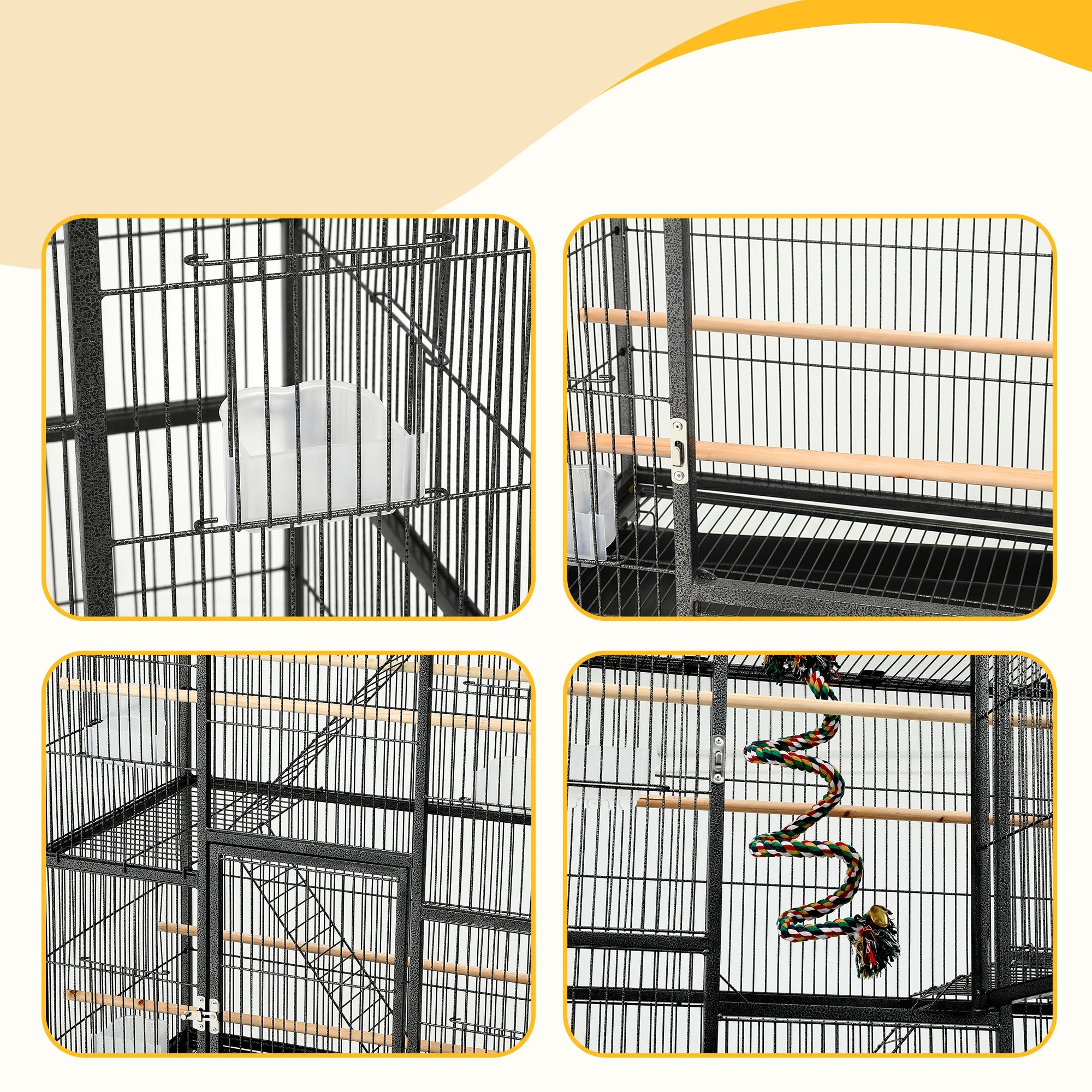 6 i.Pet 3-Tier Large Bird Cage Aviary with Ladder Parrot Budgie Wheels - Black, 6 of 8