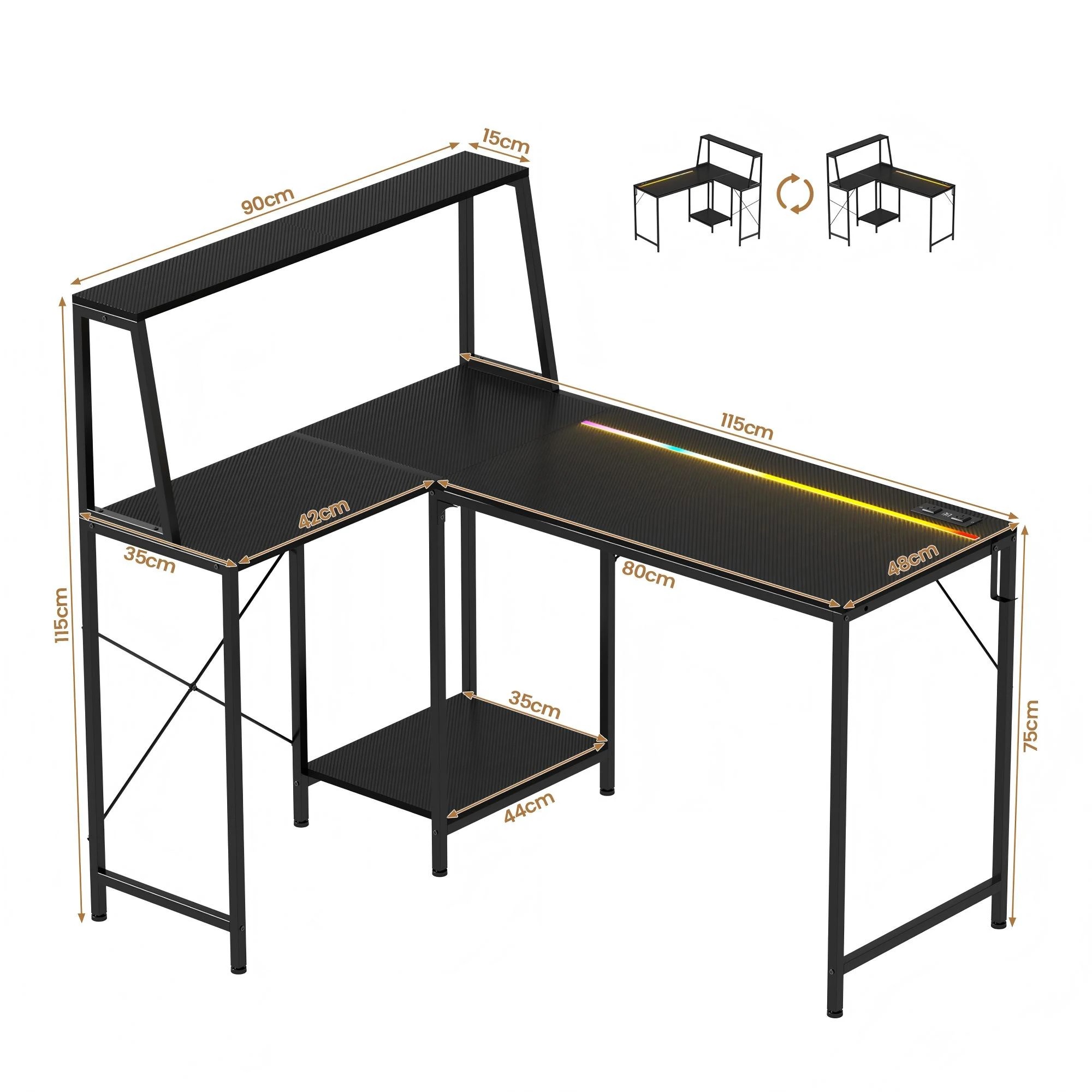 Advwin Computer Desk 115cm LED Gaming Desk w/ Adjustable Recessed Shelf ...