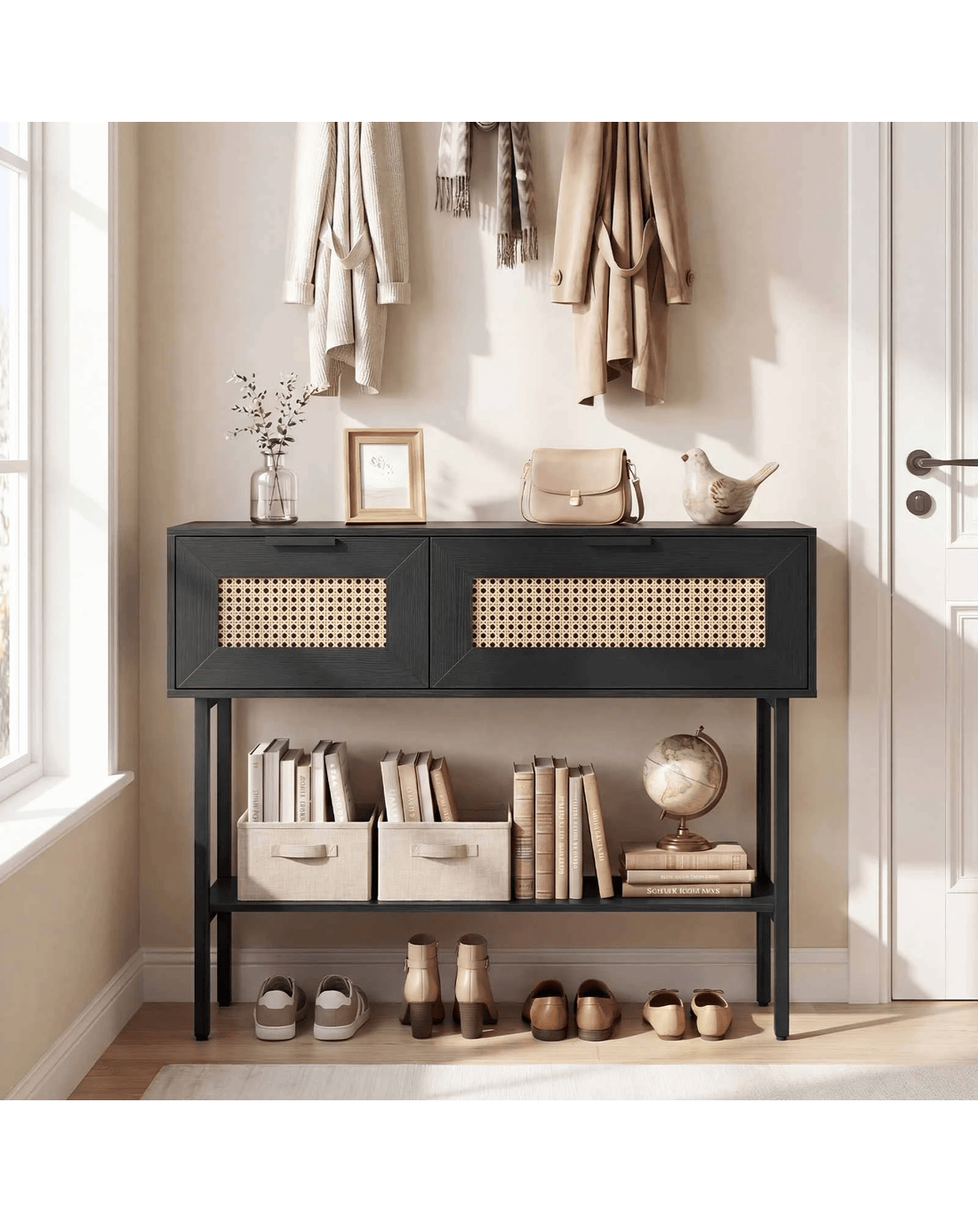 Costway Rattan Console Table w/Flip Doors Boho Sofa Side Table - Black ...