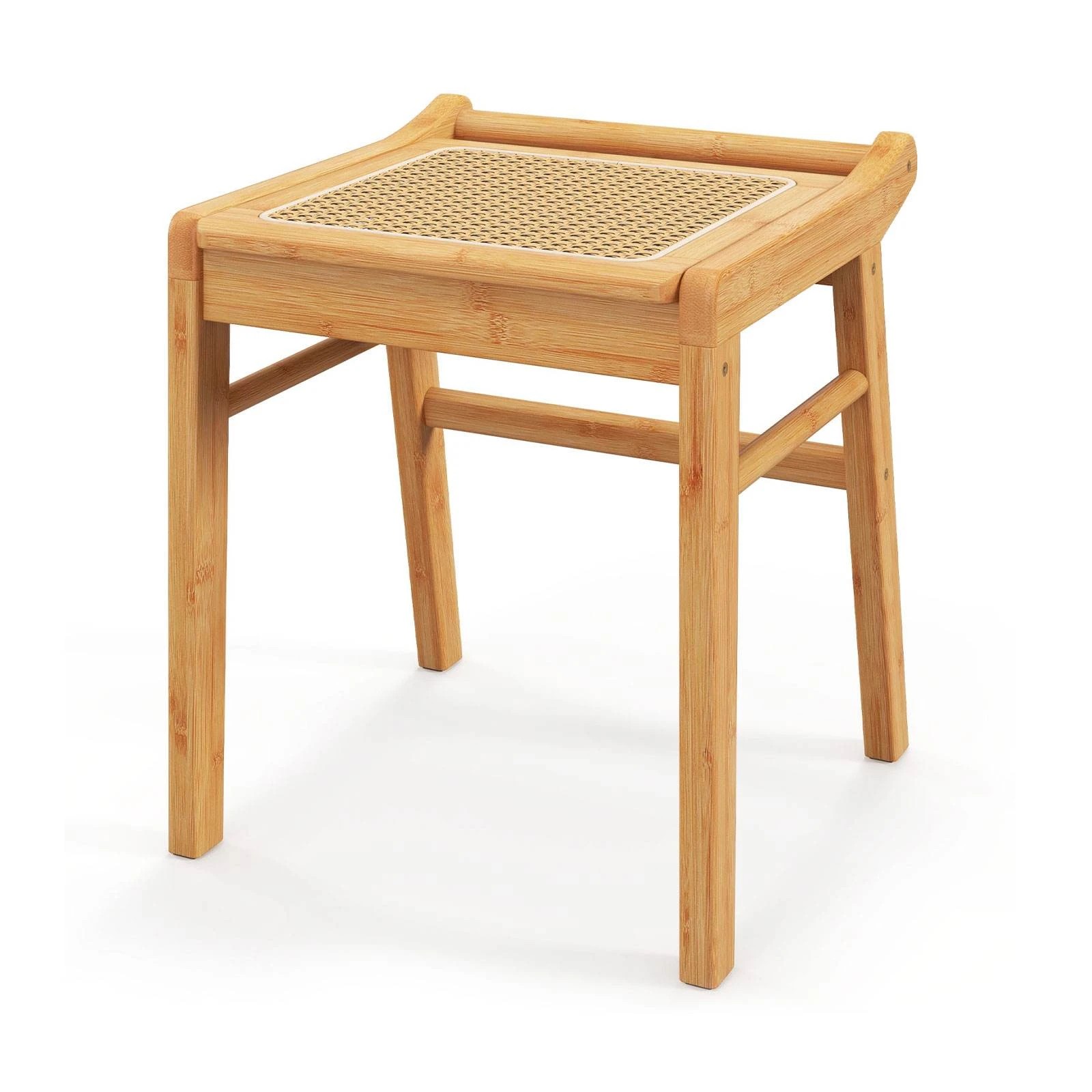 1 Costway Bamboo Vanity Stool Rattan Top Dressing Chair w/Anti-slip Foot Pads, 1 of 3