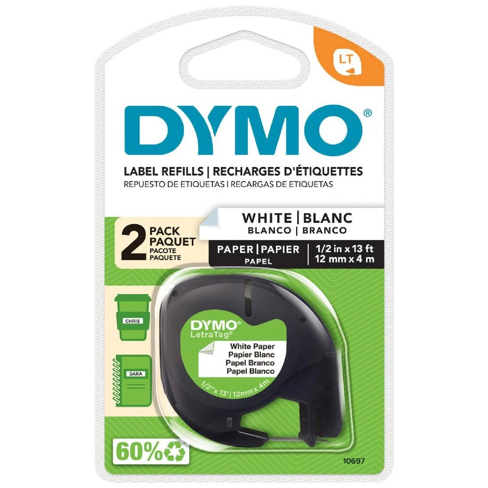 1 DYMO LetraTag Paper Label Tape 12mm Black on White 2 Pack, 1 of 7