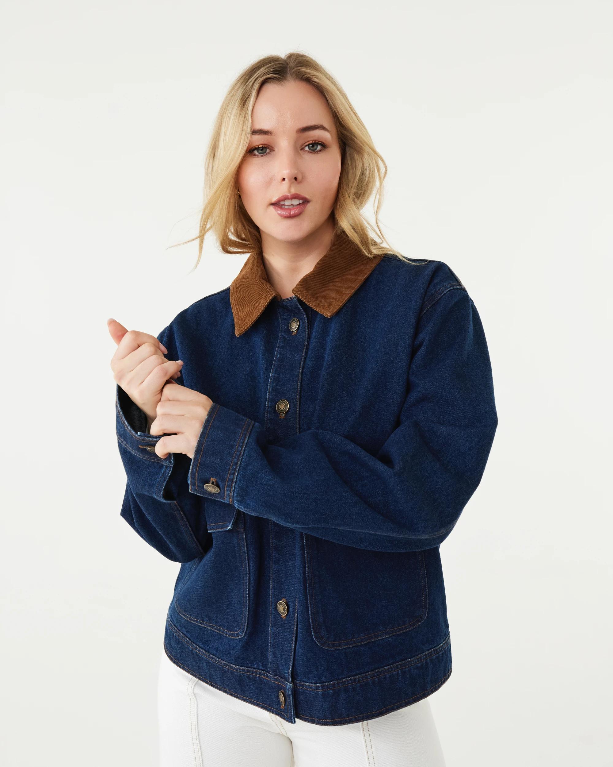 1 Corduroy Collar Denim Jacket Dark Denim, 1 of 10