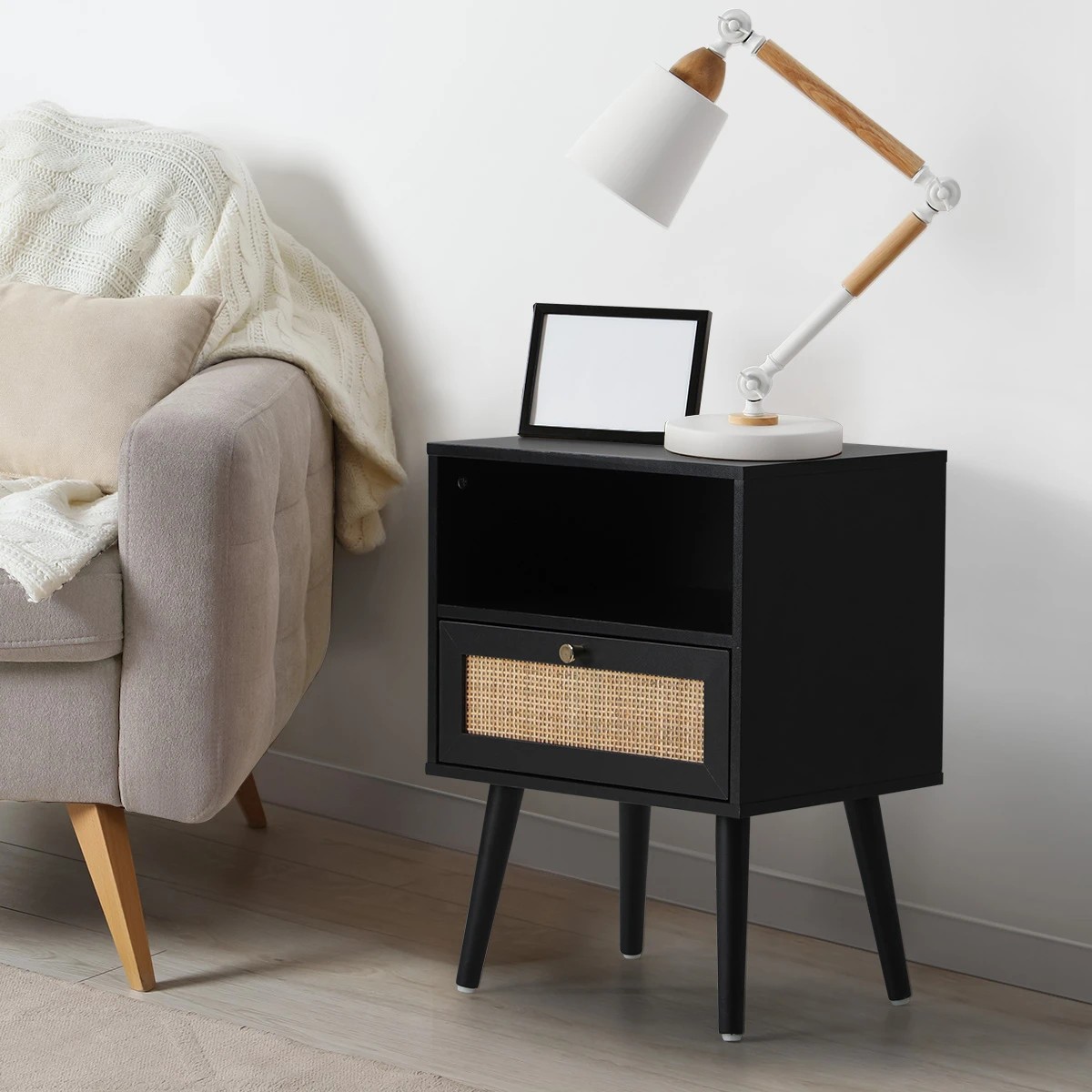 3 Oikiture 2X Bedside Table Side Table Storage Drawer Shelf Nightstand Rattan - Black, 3 of 9