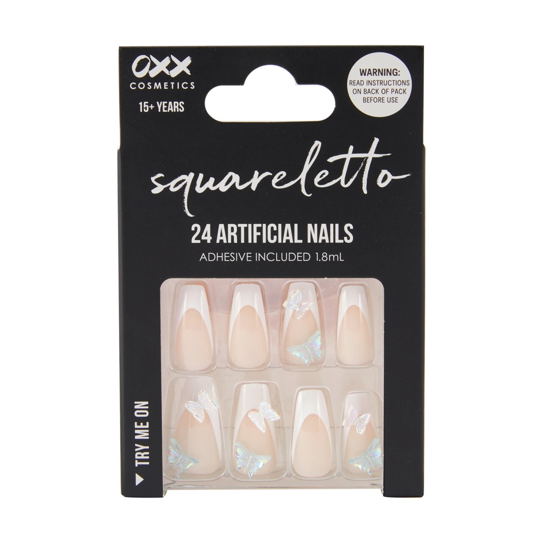 1 OXX Cosmetics 24 Pack Artificial Nails with Adhesive - Squareletto Shape, French Tip Butterfly, 1 of 4