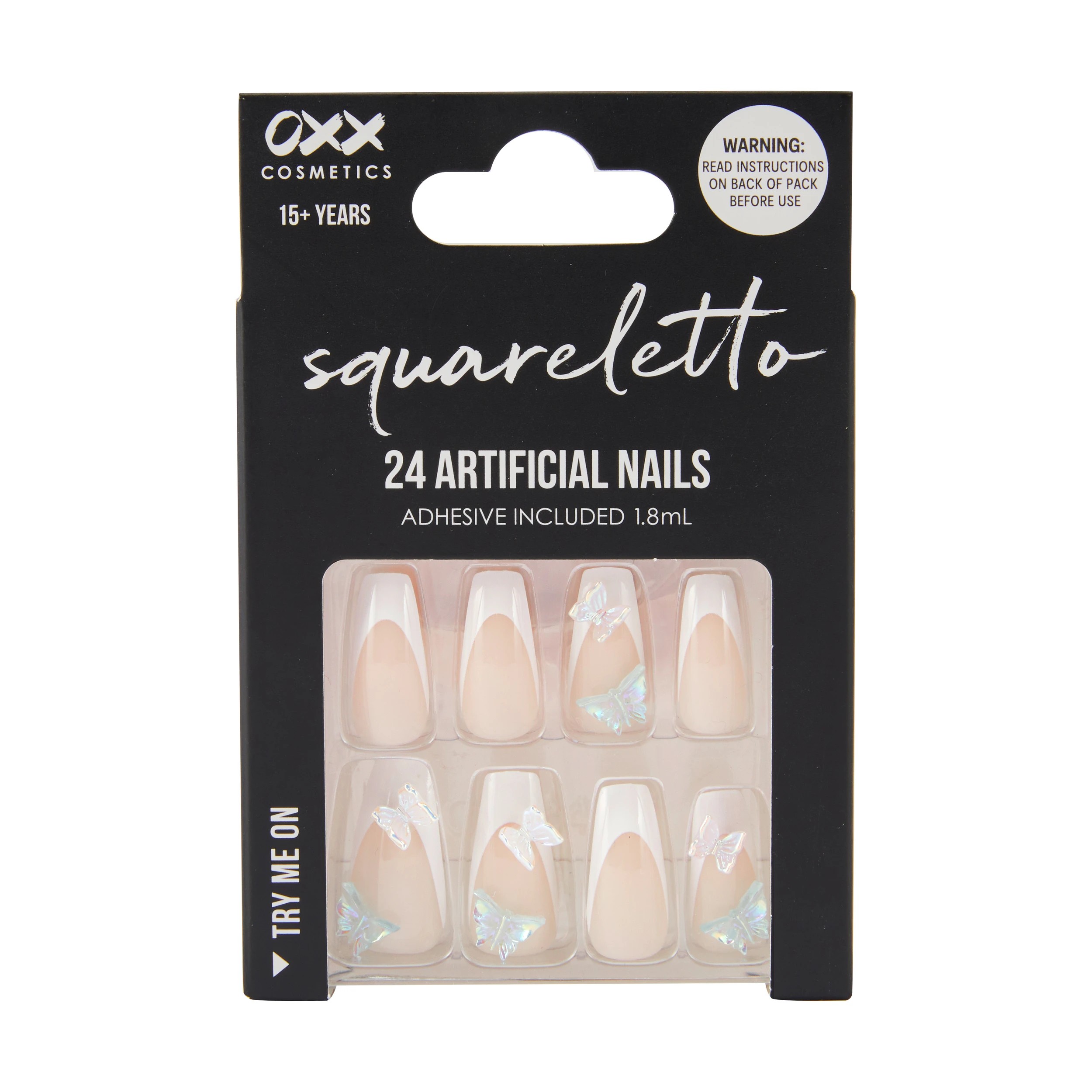 1 OXX Cosmetics 24 Pack Artificial Nails with Adhesive - Squareletto Shape, French Tip Butterfly, 1 of 4