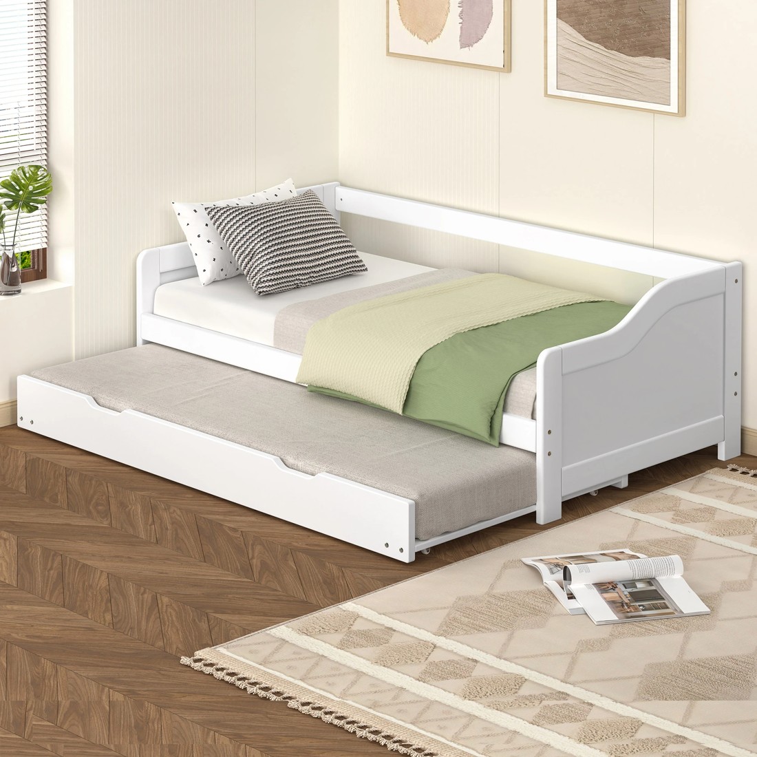 2 Alfordson Bed Frame Trundle 2x Single Size Wooden Daybed Base Timber - White, 2 of 9