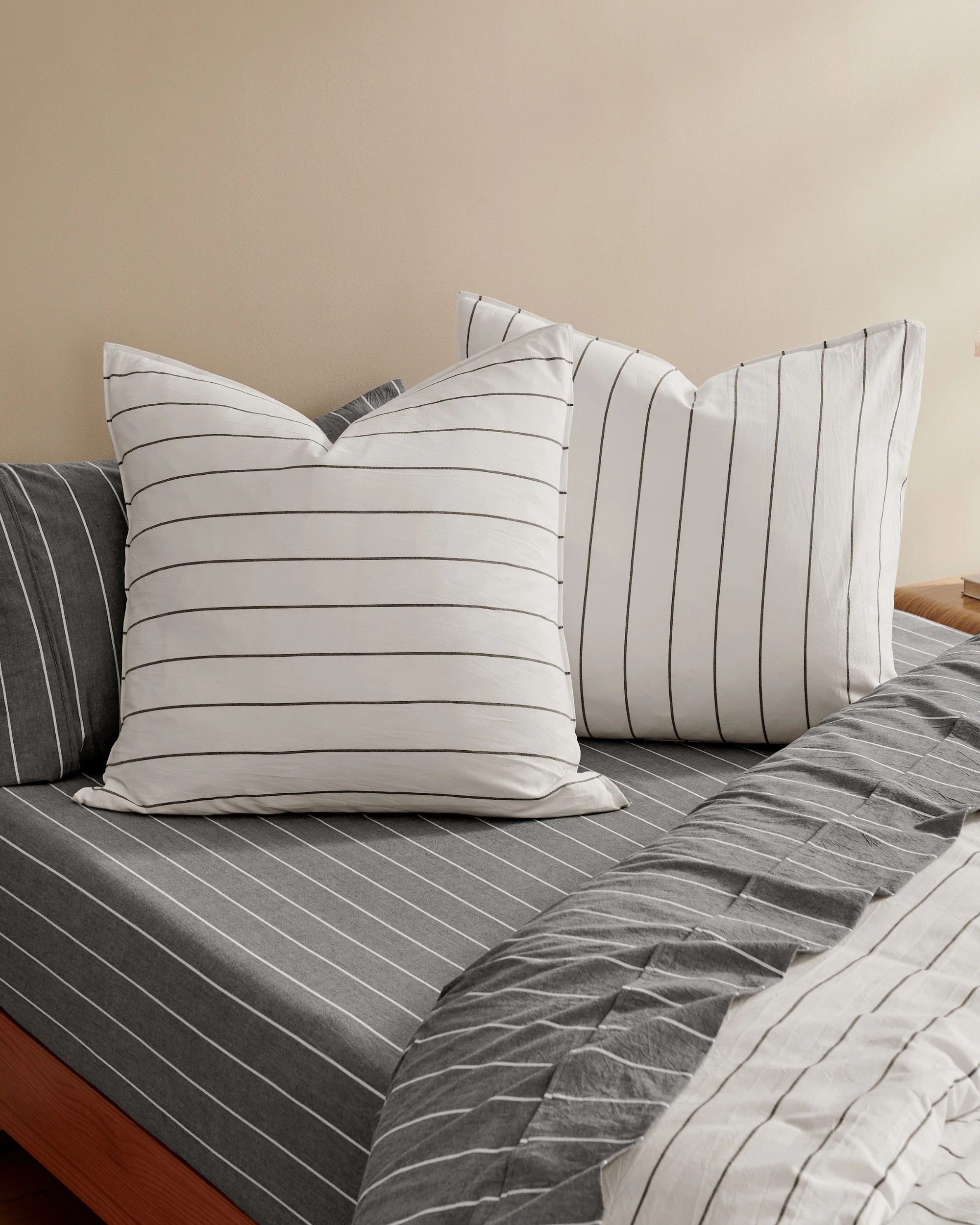 1 Dreamaker Rumi Stripe Washed Cotton Reversible European Pillowcase Twin Pack - White with Graphite, 1 of 4