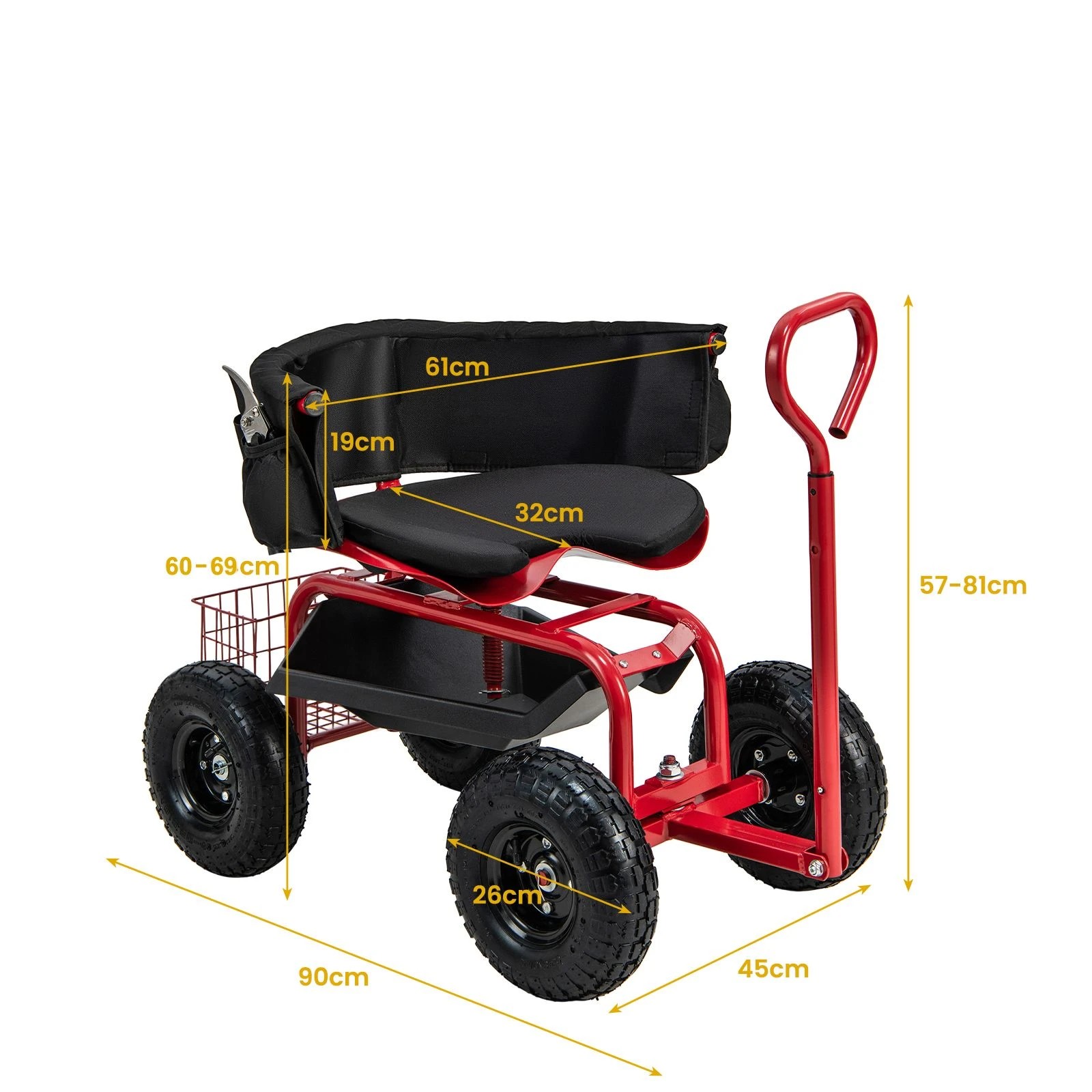 2 Costway Swivel Seat Garden Cart Rolling Scooter w/Extendable Handle & Tool Storage - Red, 2 of 2