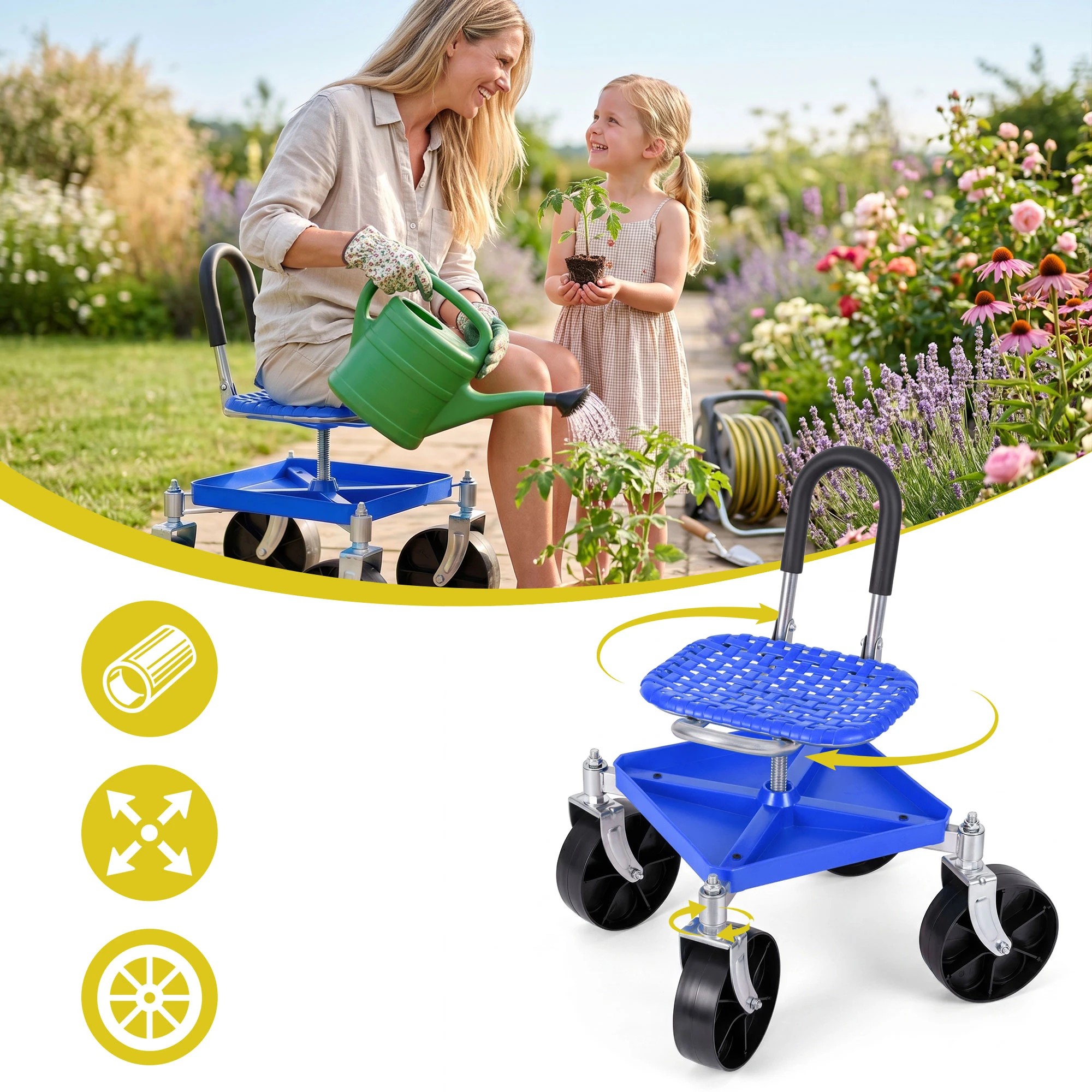 4 Gardeon Garden Cart Seat Rolling Stool 360 Swivel Height Adjustable Heavy Duty - Blue, 4 of 9