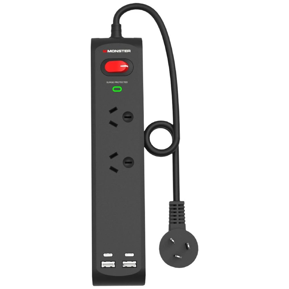 2 Monster 2 Socket 4 USB Surge Protector Black, 2 of 3
