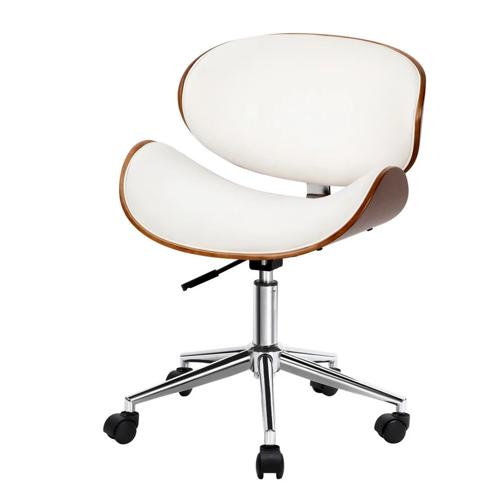 1 Artiss Wooden Office Chair Leather Seat - White, 1 of 7