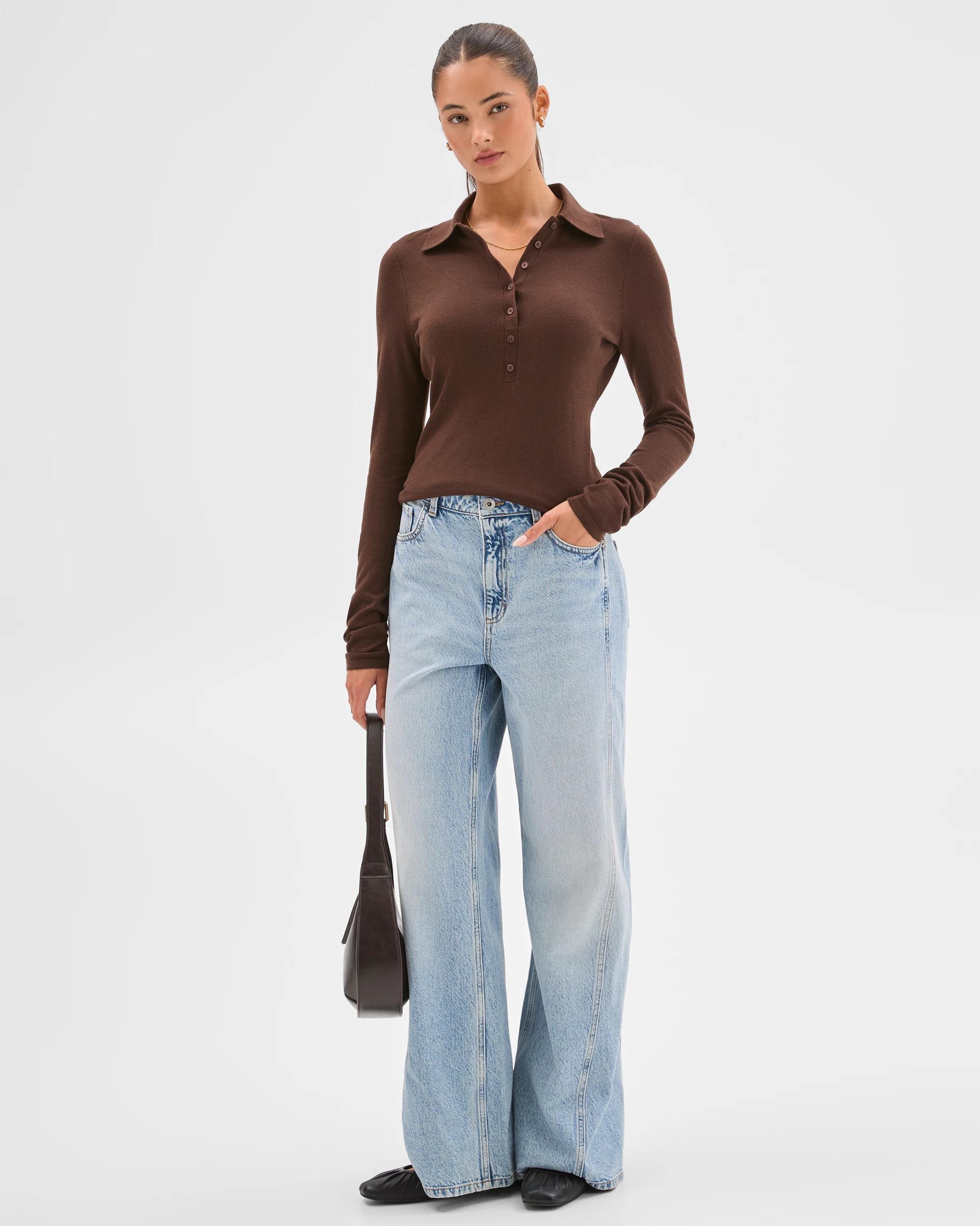 2 Lily Loves Long Sleeve Knit Polo Top COFFEE BEAN, 2 of 7