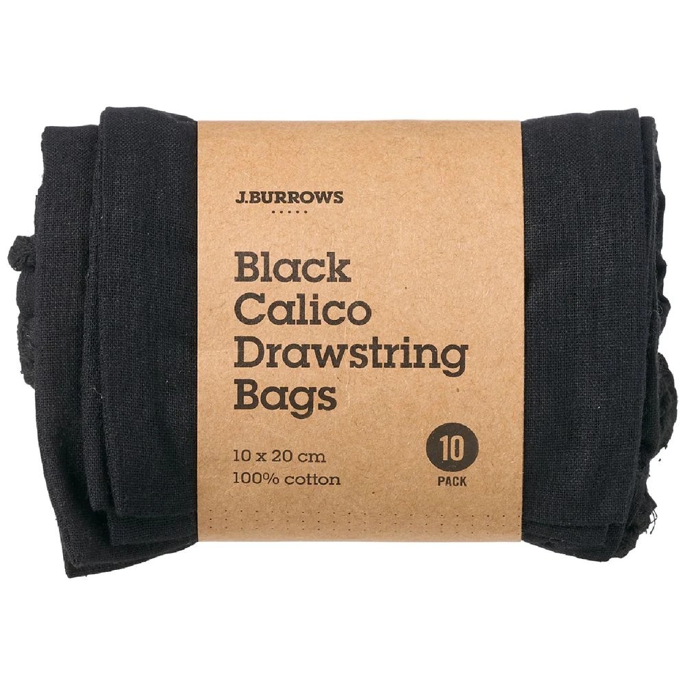 2 J.Burrows Calico Drawstring Bag 10 x 20cm Black 10 Pack, 2 of 3