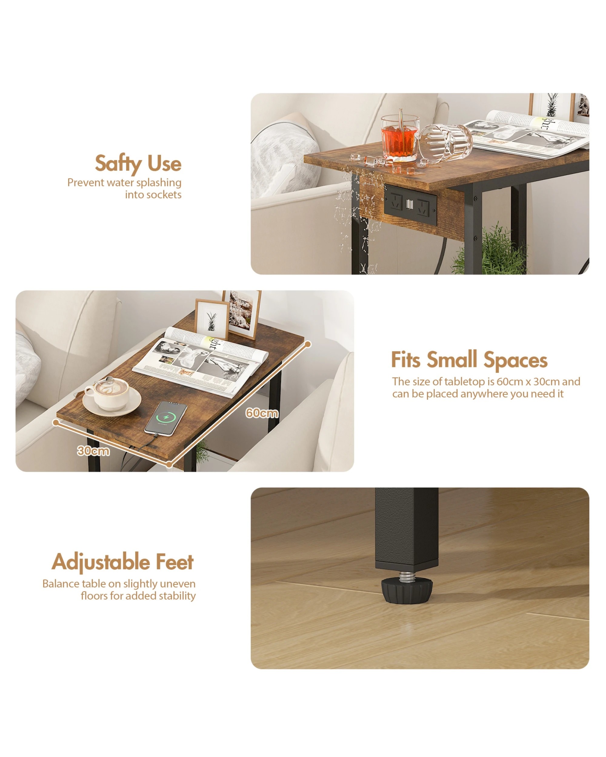 4 Advwin Side Table W/ Charging Station & Drawer Walnut, 4 of 5