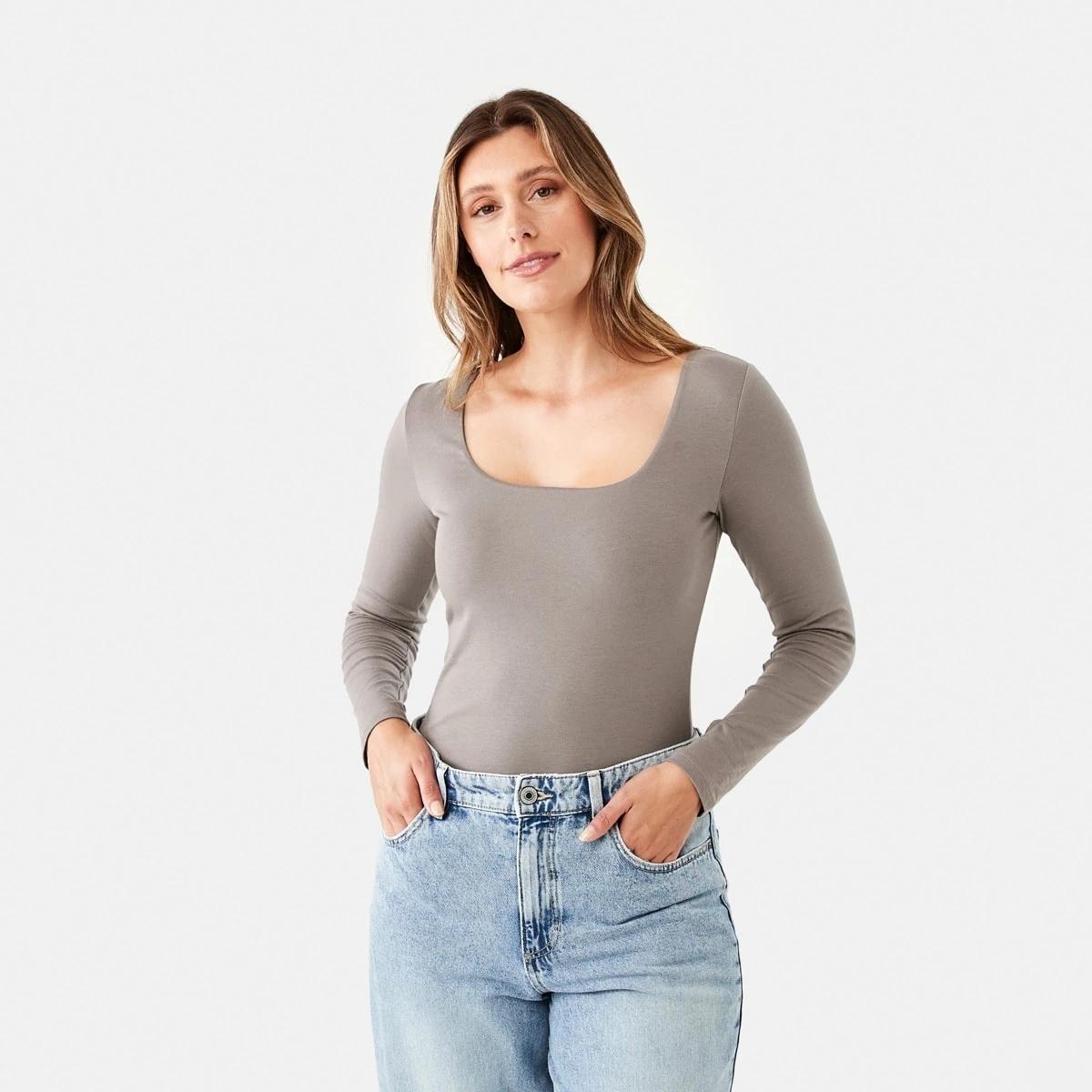 2 Long Sleeve Square Neck Top Taupe Brn, 2 of 7