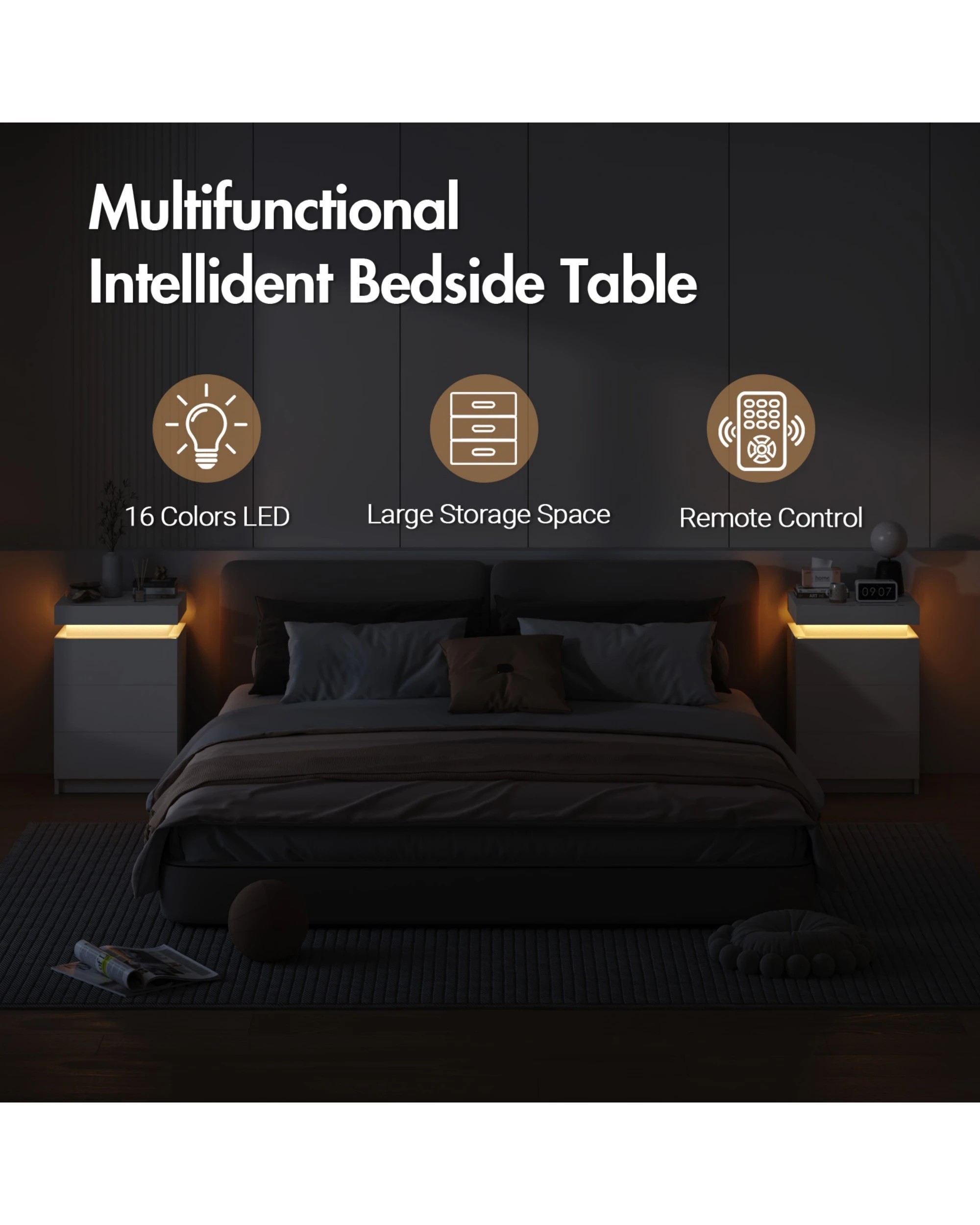 7 Advwin Led Nightstand With 3  Drawers And Hidden Storage
 - White, 7 of 9