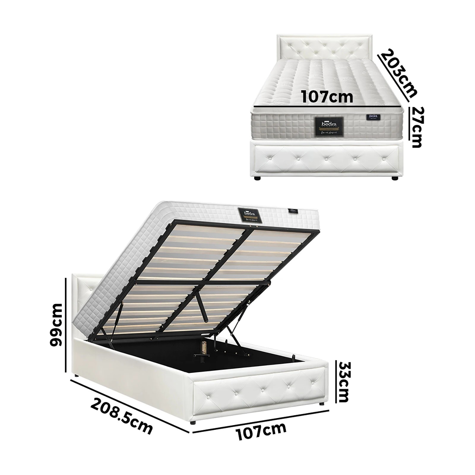 2 Oikiture Bed Frame King Single Gas Lift Storage with Mattress ENZO - White, 2 of 8