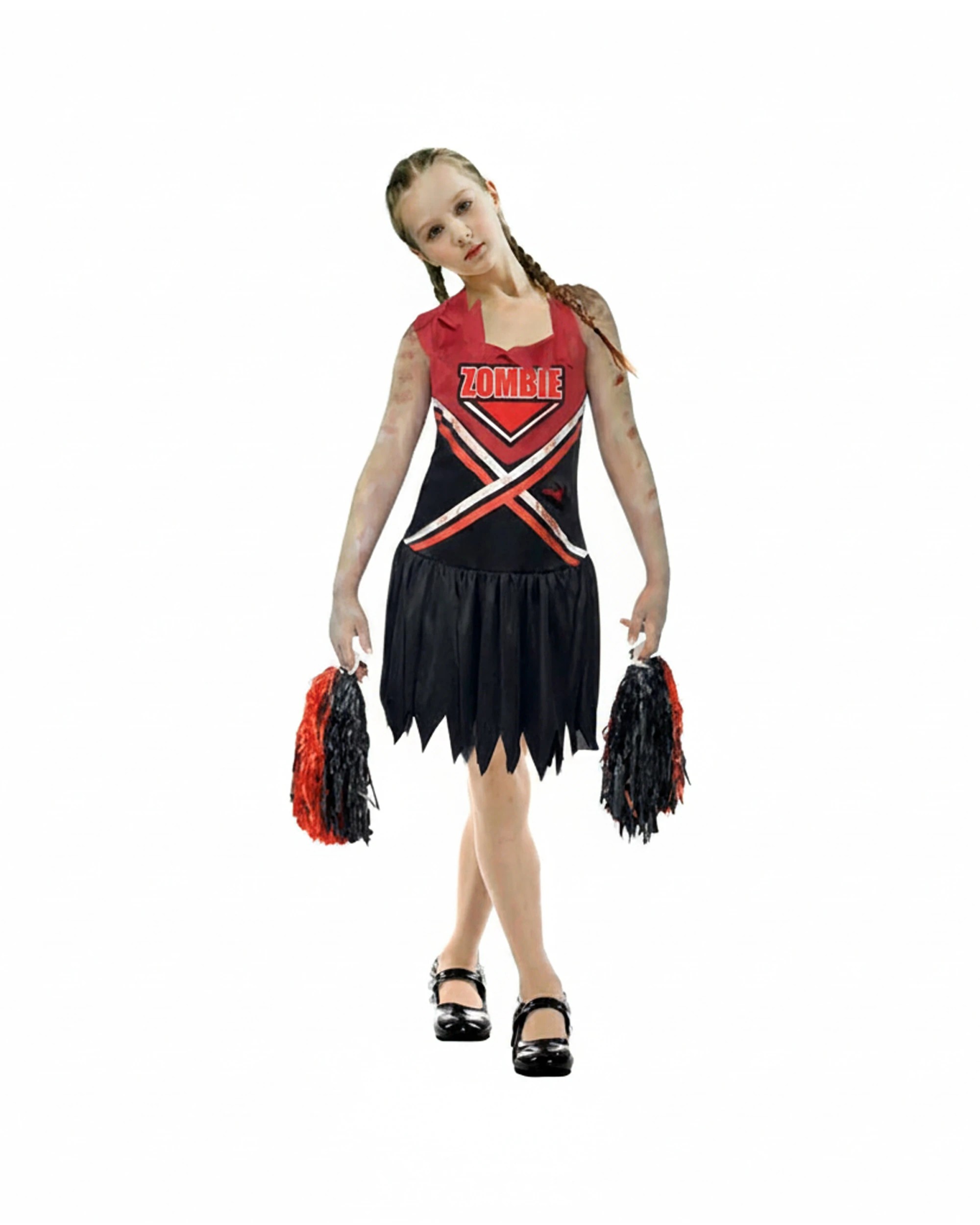 1 JD Party Kids Zombie Cheerleader Costume Sleeveless With Pom Poms 6-9y - Red, 1 of 1