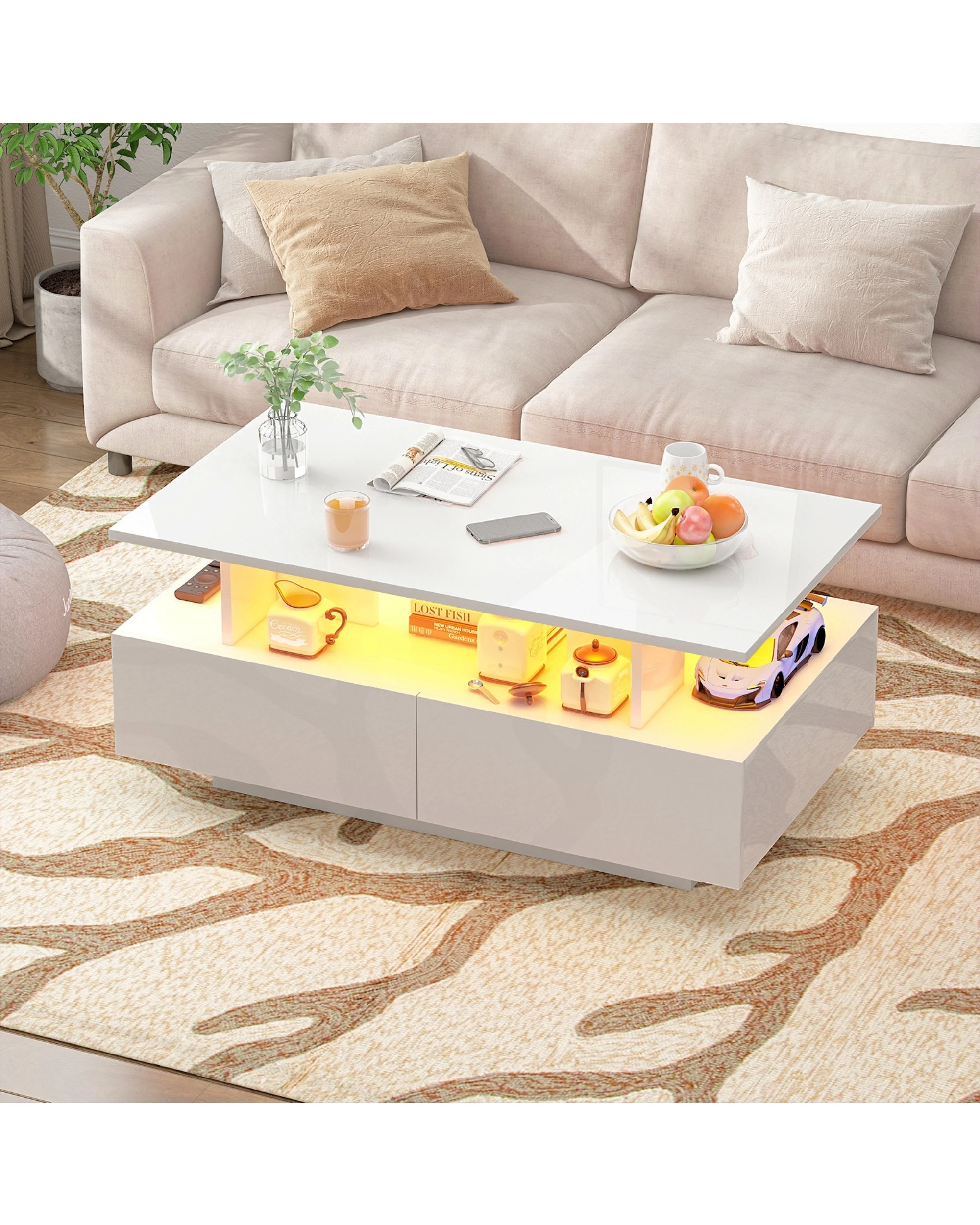 4 Advwin LED Coffee Table w/ 4 Storage Drawers High Gloss Central Table w/ Open Display Shelf, 4 of 8