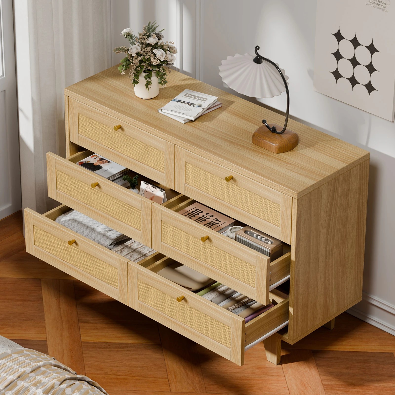 2 Alfordson 6 Chest of Drawers Rattan Storage Cabinet Dresser - Oak, 2 of 10