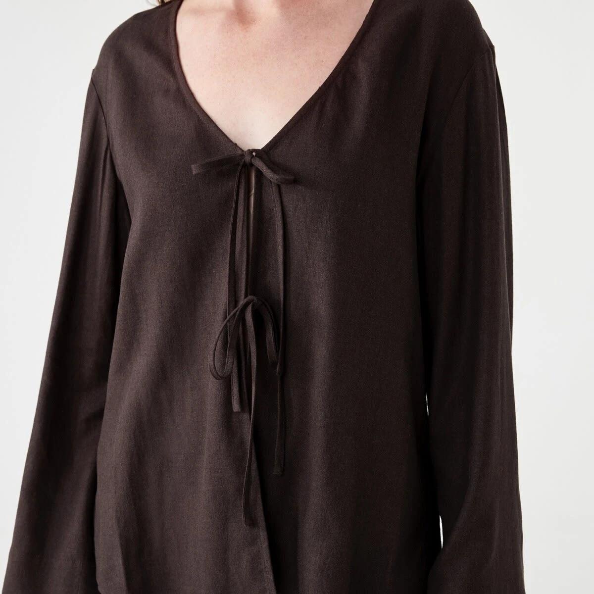 5 Long Sleeve Tie Front Linen Blend Top MELTED CHOCOLATE, 5 of 6