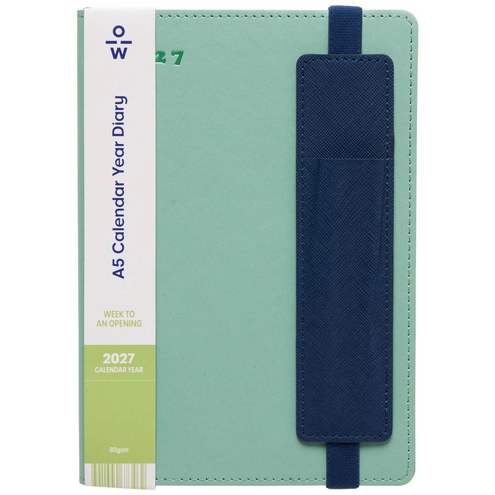 1 Officeworks A5 Week to View 2027 Premium Diary Green/Navy, 1 of 7