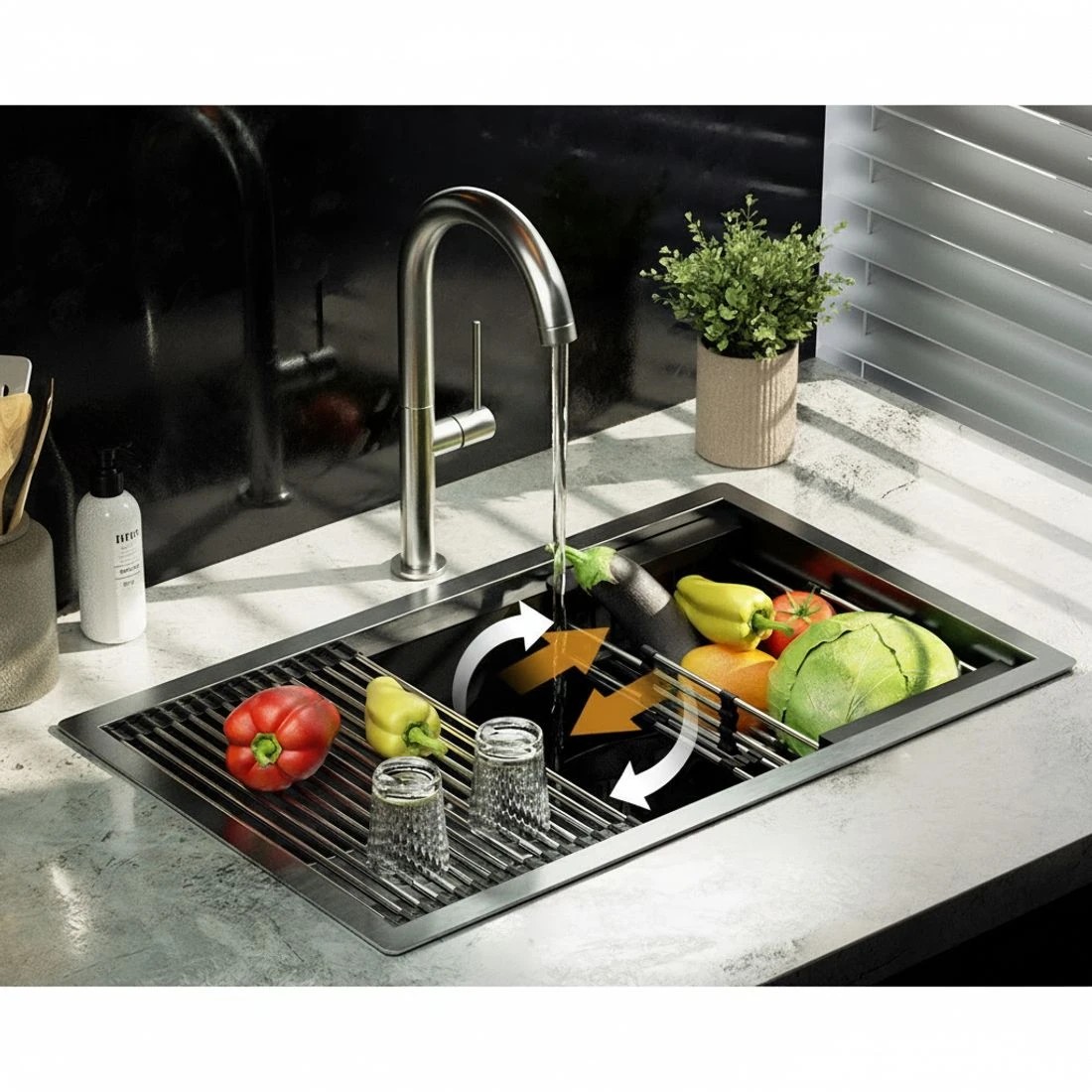 3 Cefito Kitchen Sink 70X45CM Stainless Steel Single Bowl Drain Rack Basket - Black, 3 of 4