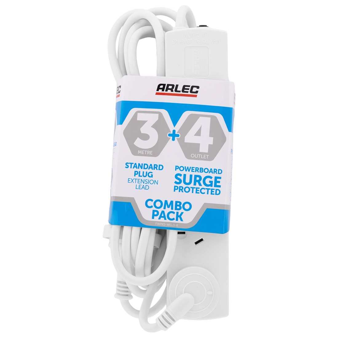 1 Arlec 4 Outlet Surge Protected Powerboard and 3m Standard Plug Extension Lead Combo Pack, 1 of 7