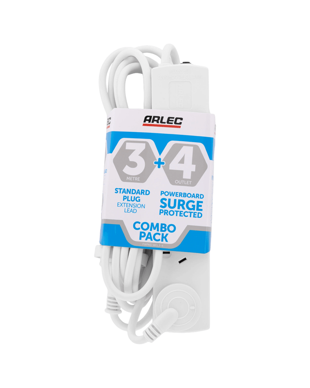 Arlec 4 Outlet Surge Protected Powerboard and 3m Standard Plug Extension Lead Combo 