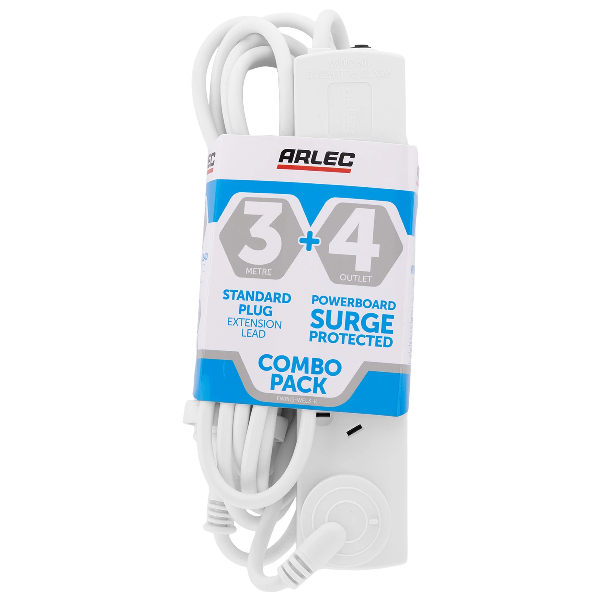 1 Arlec 4 Outlet Surge Protected Powerboard and 3m Standard Plug Extension Lead Combo Pack, 1 of 7