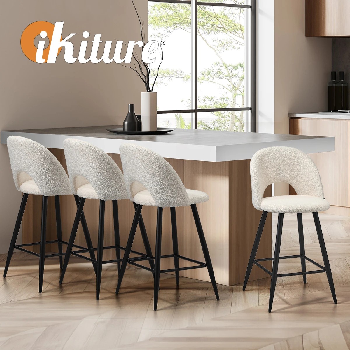 5 Oikiture 2x Bar Stools Kitchen Counter Stool Dining Chairs Boucle Horn
 - White, 5 of 10