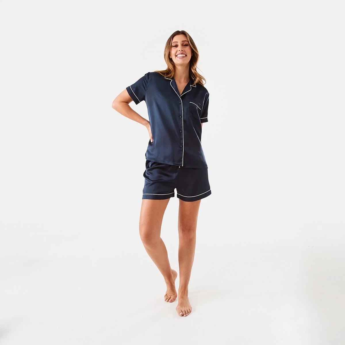 10 Short Sleeve Top and Shorts Satin Pyjama Set DEEP NAVY, 10 of 10