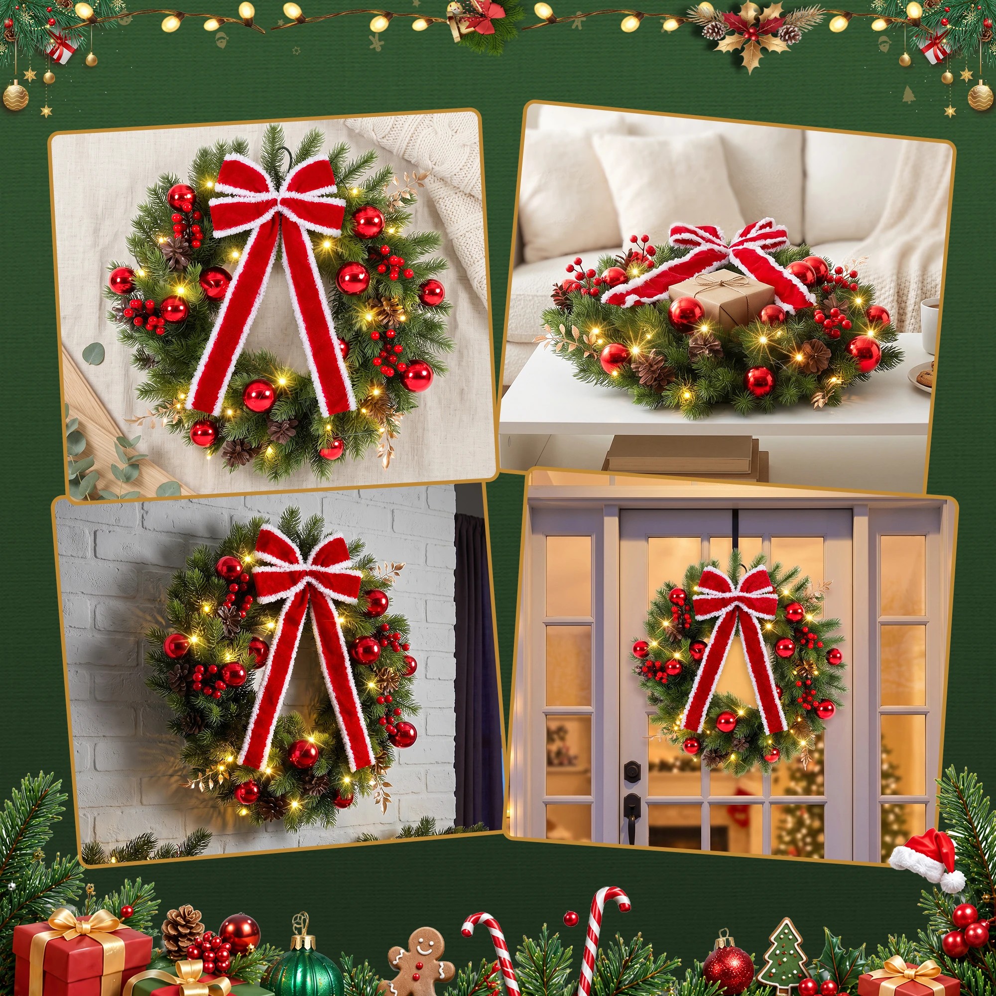 7 Jingle Jollys 60cm Pre-lit Christmas Wreath Garlands LED Light Front Door Decor Bow - Green, 7 of 7